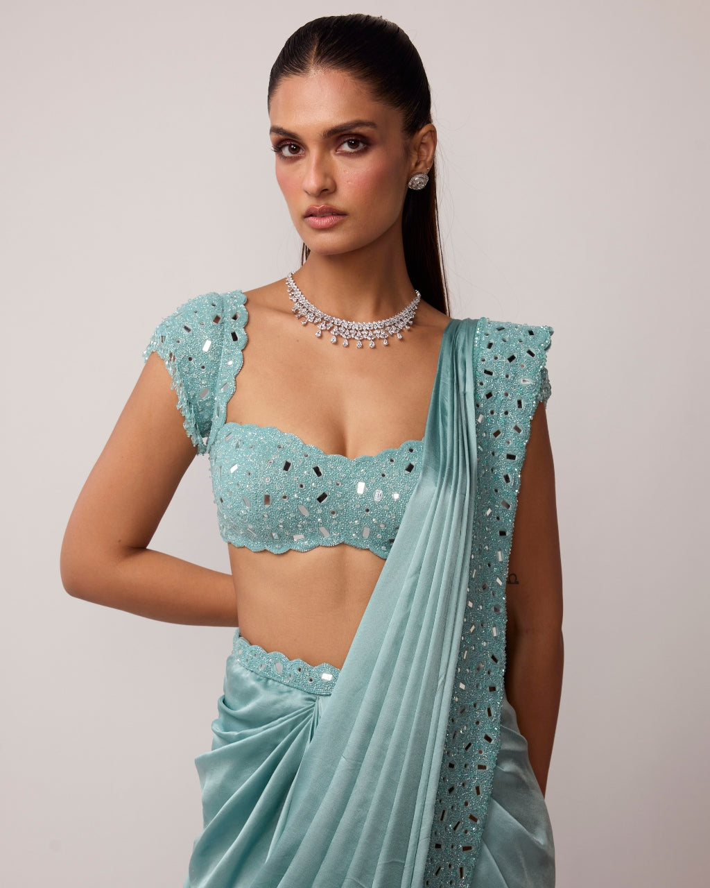 Powder Blue Draped Sari Set