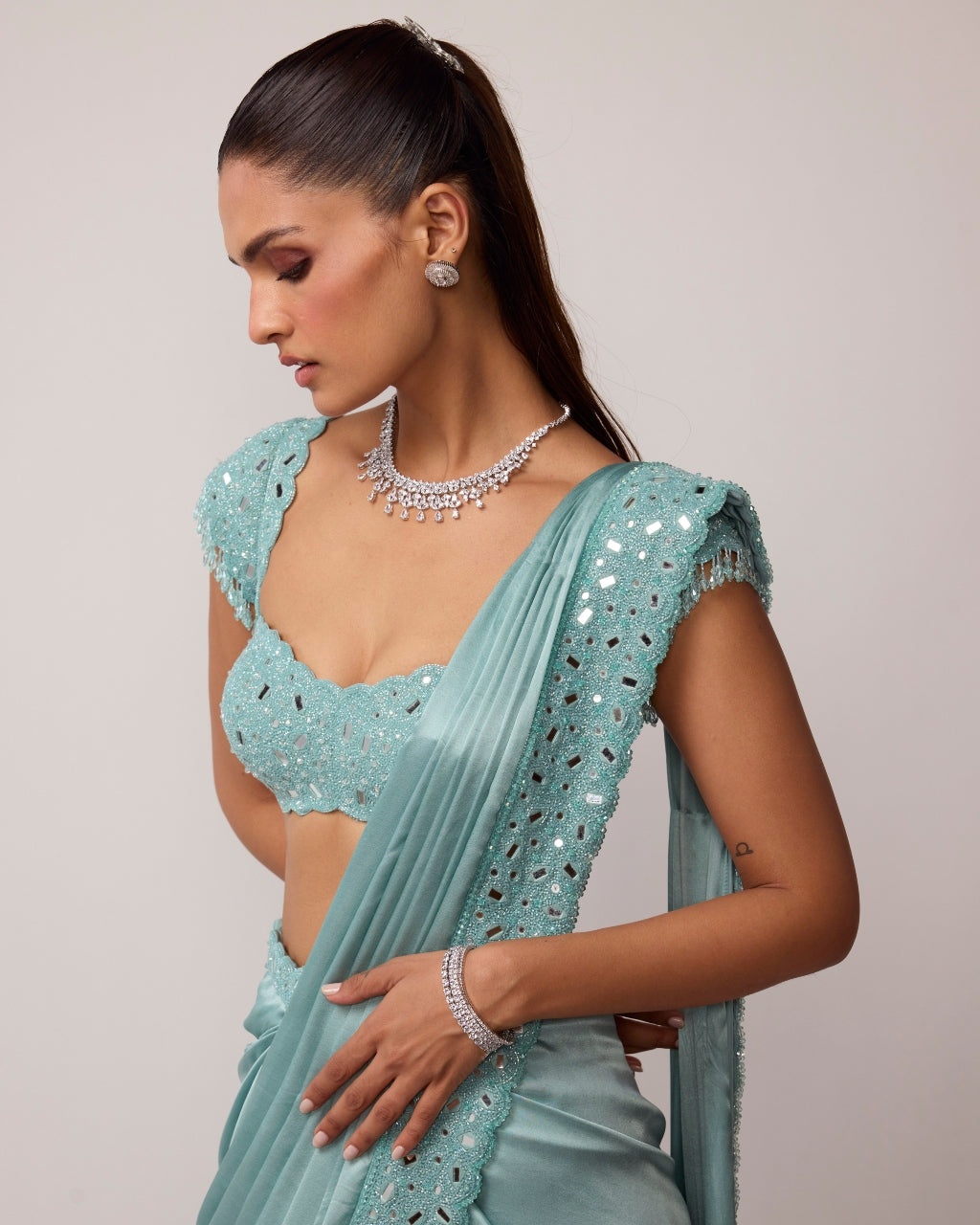 Powder Blue Draped Sari Set