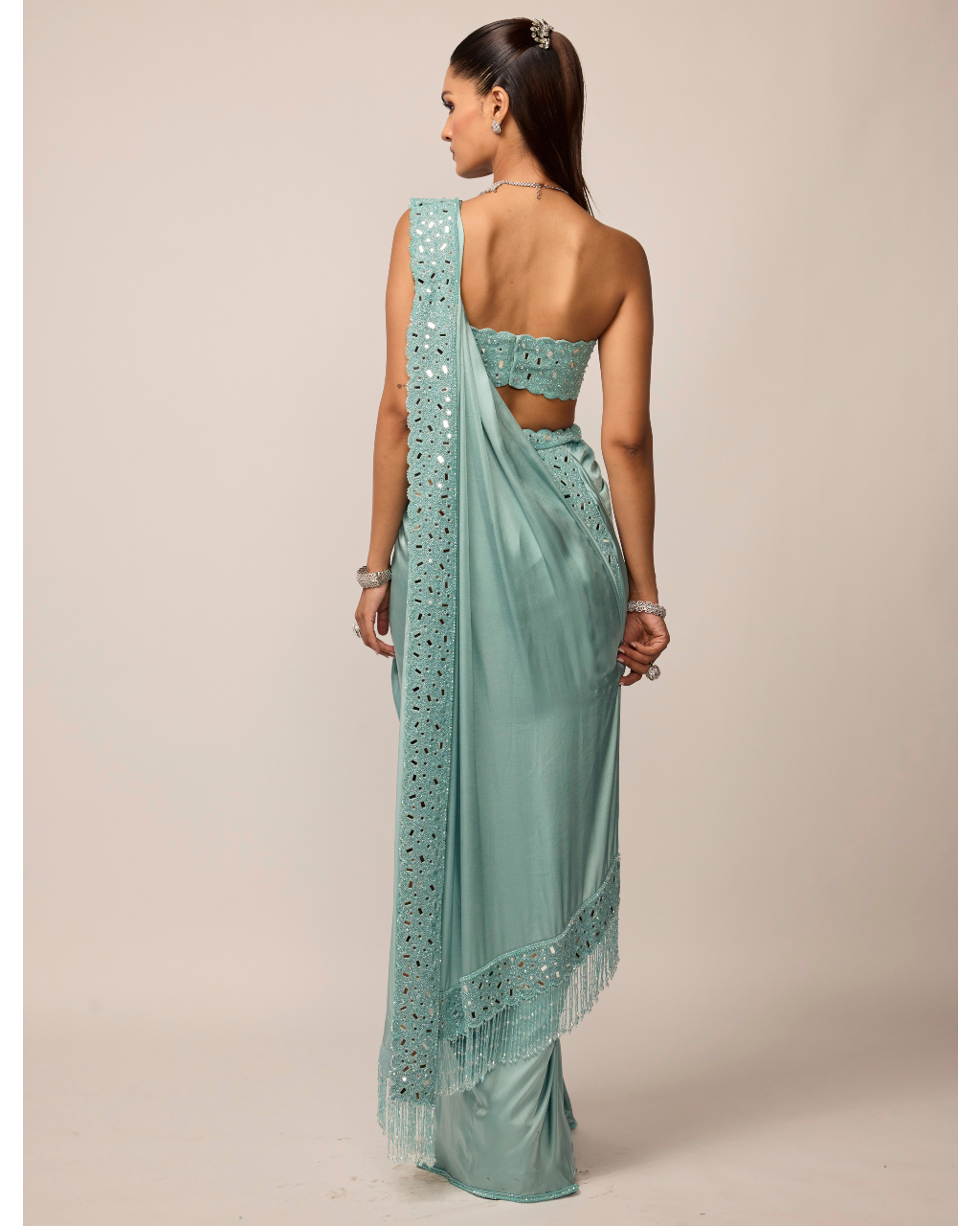 Powder Blue Satin Draped Sari Set