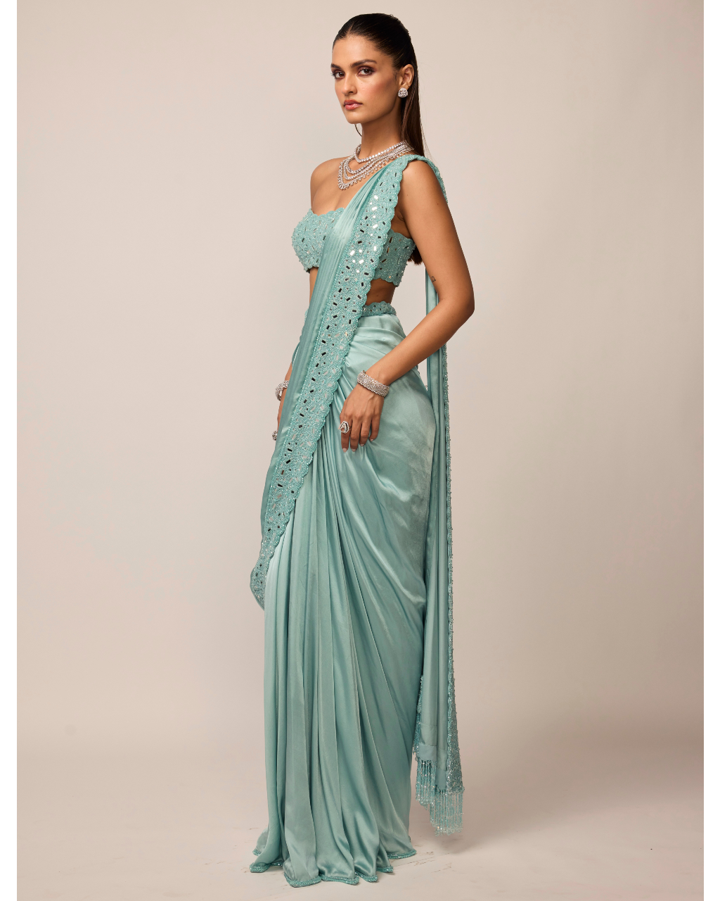 Powder Blue Satin Draped Sari Set