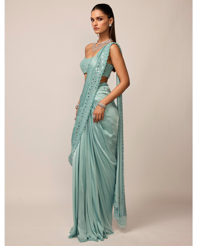 Powder Blue Satin Draped Sari Set