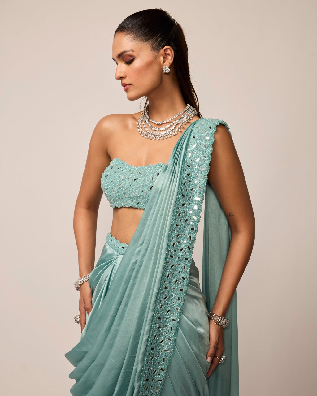 Powder Blue Satin Draped Sari Set