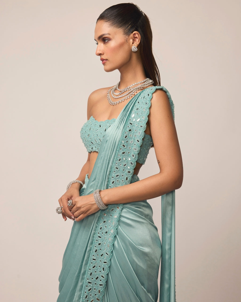 Powder Blue Satin Draped Sari Set