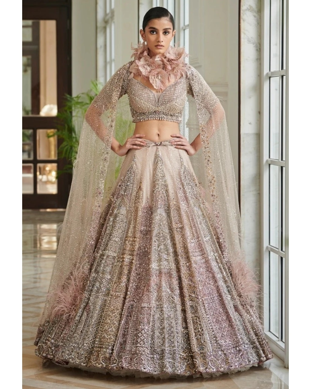 Gianna Pearl Muted Pink Shimmer Tulle Bridal Lehenga Set