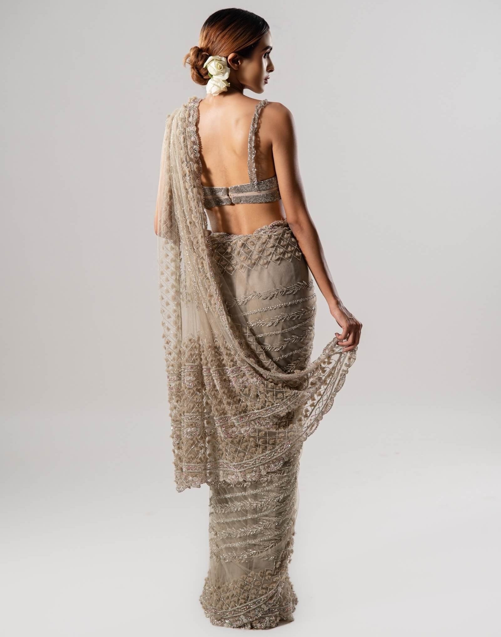 Tan Tulle Sari With 3D Petal Aanchal And Beaded Blouse