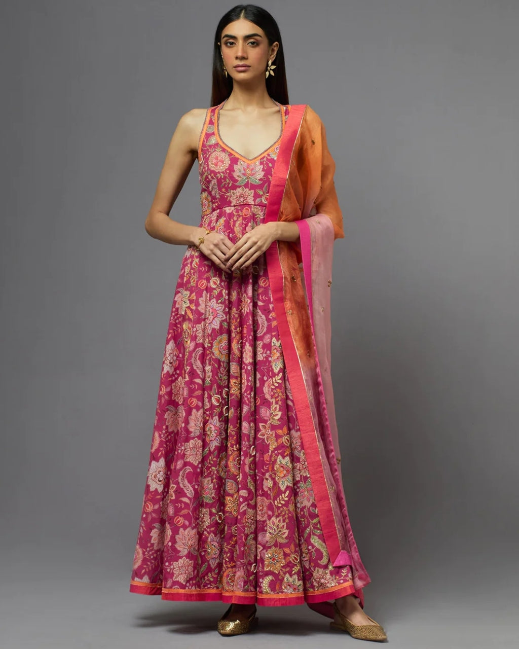 Fuchsia Floral Printed Anarkali Set