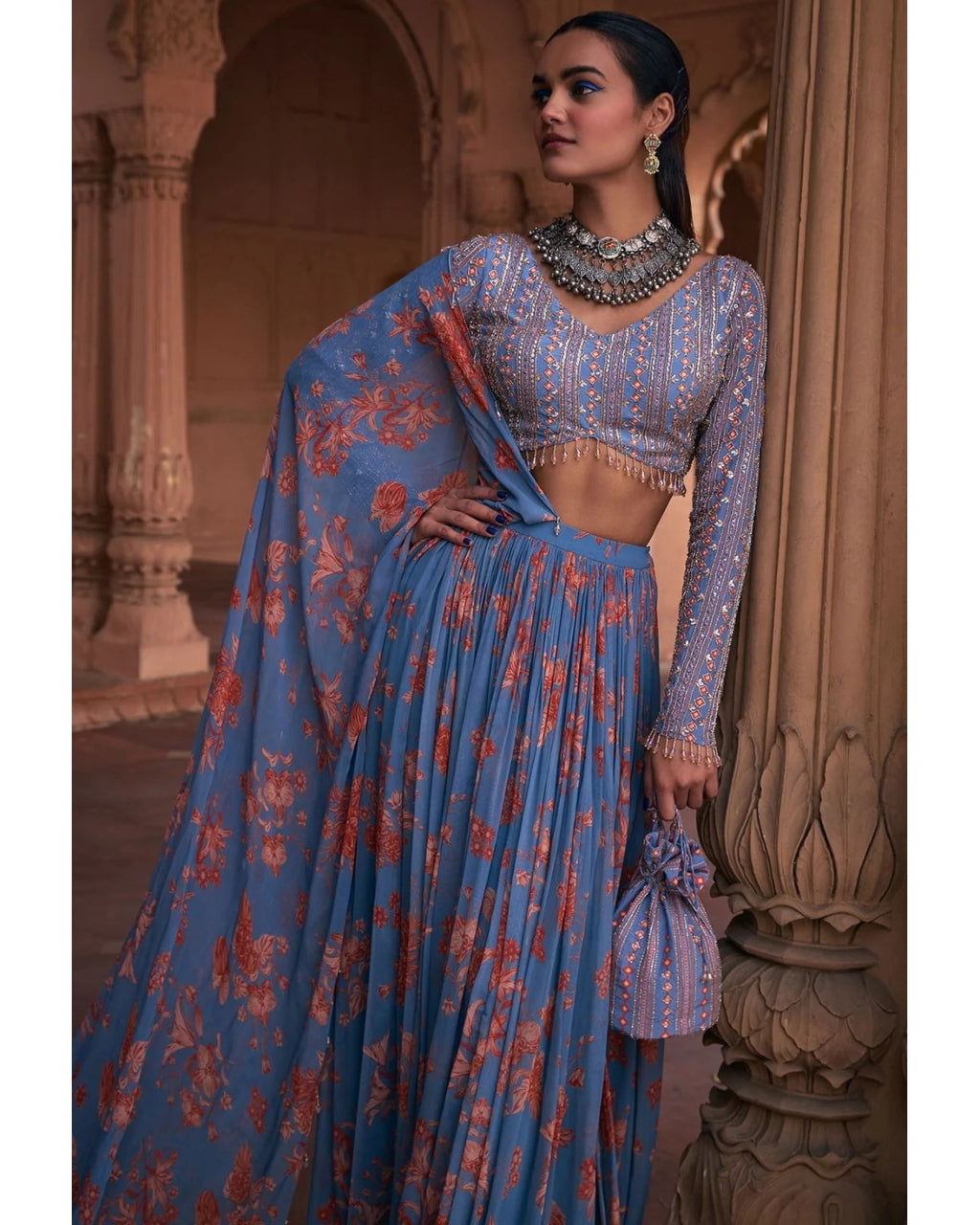 Slate Blue Floral Print And Highlighted Lehenga Sari Set