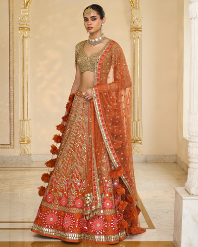 Orange Organza Multicolour Thread And Mirror Hand Embroidered Lehenga Set