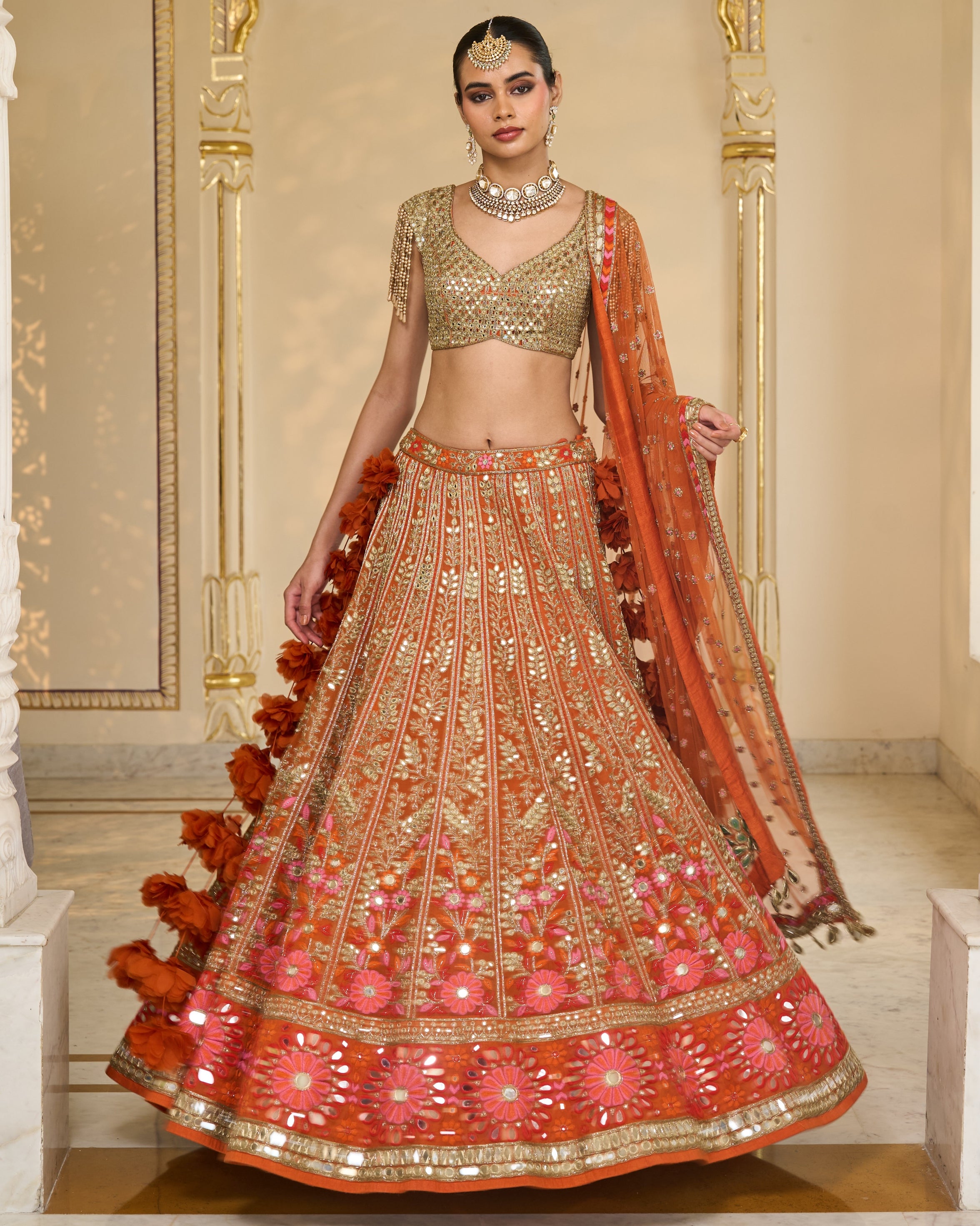 Orange Organza Multicolour Thread And Mirror Hand Embroidered Lehenga Set