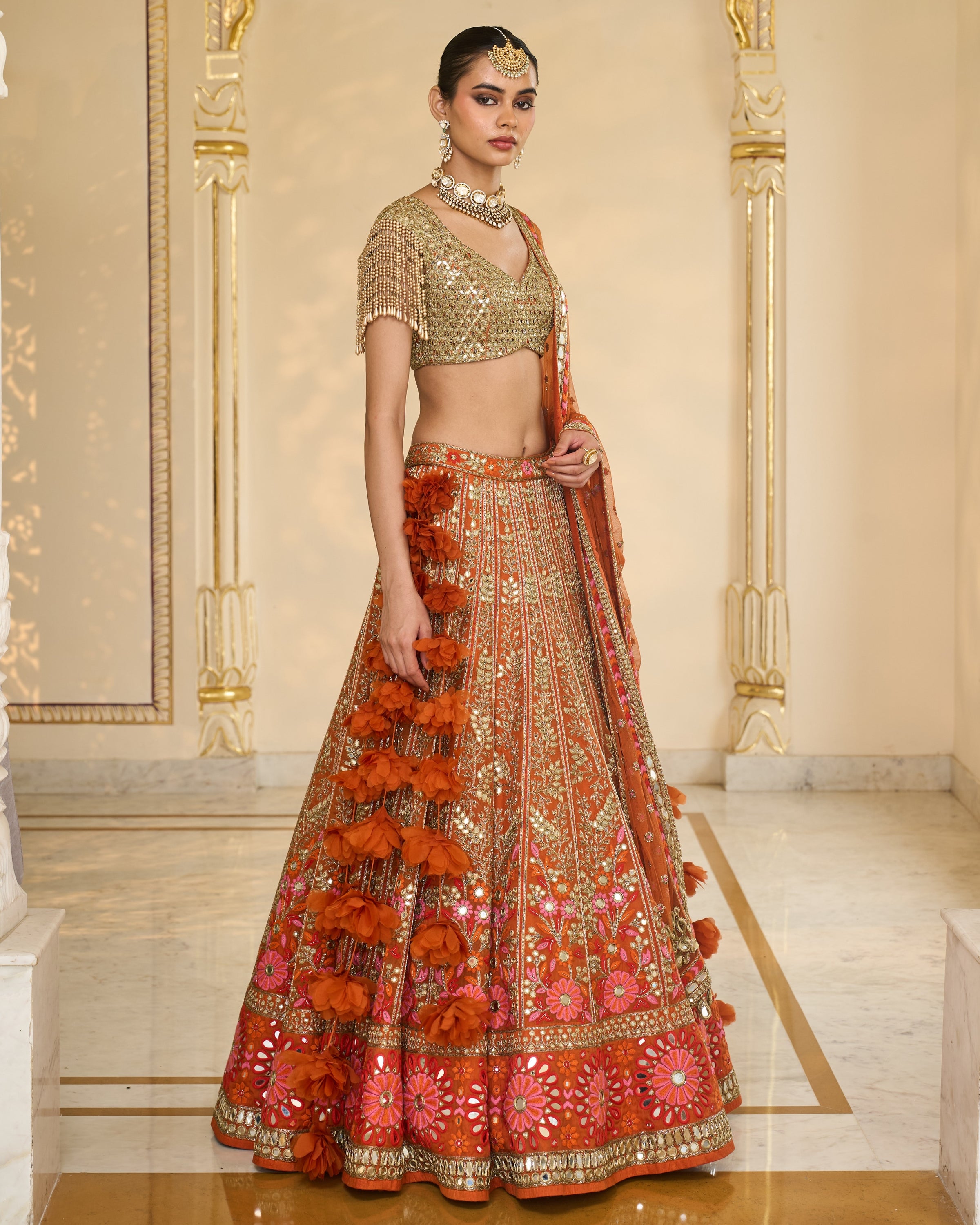 Orange Organza Multicolour Thread And Mirror Hand Embroidered Lehenga Set