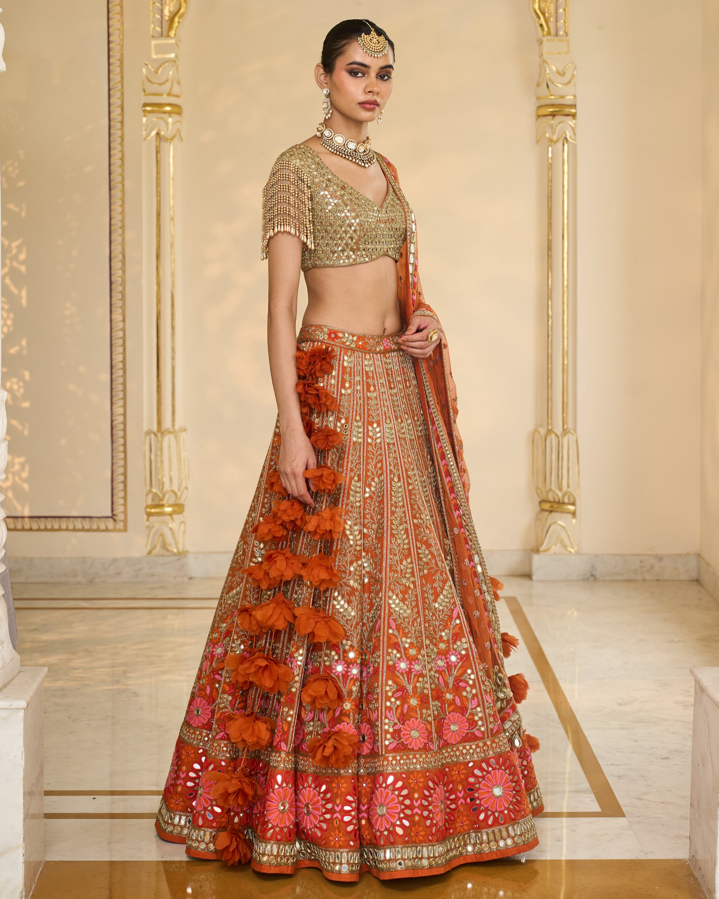 Orange Organza Multicolour Thread And Mirror Hand Embroidered Lehenga Set