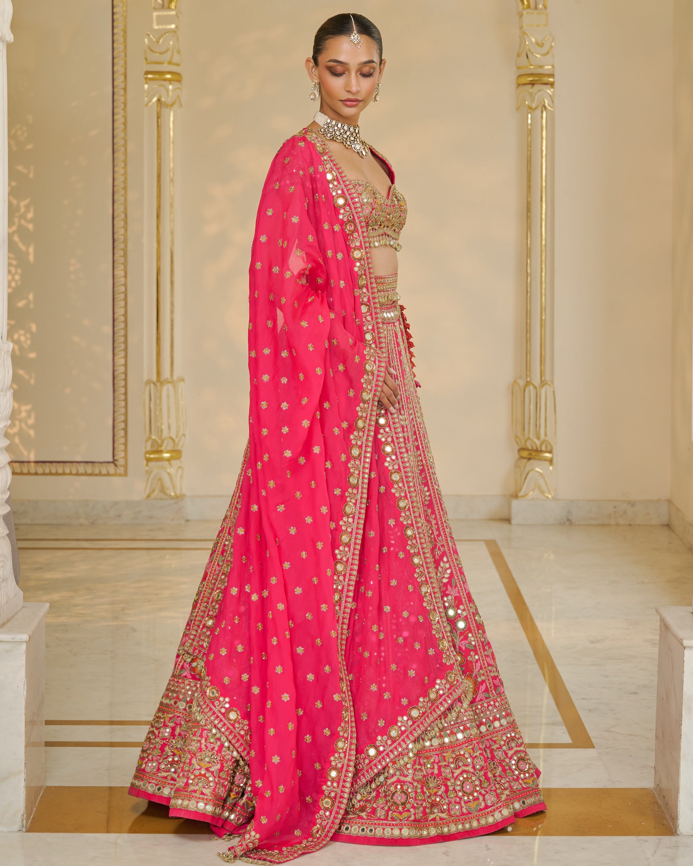 Rani Pink Organza Multicolour Thread And Mirror Hand Embroidered Lehenga Set