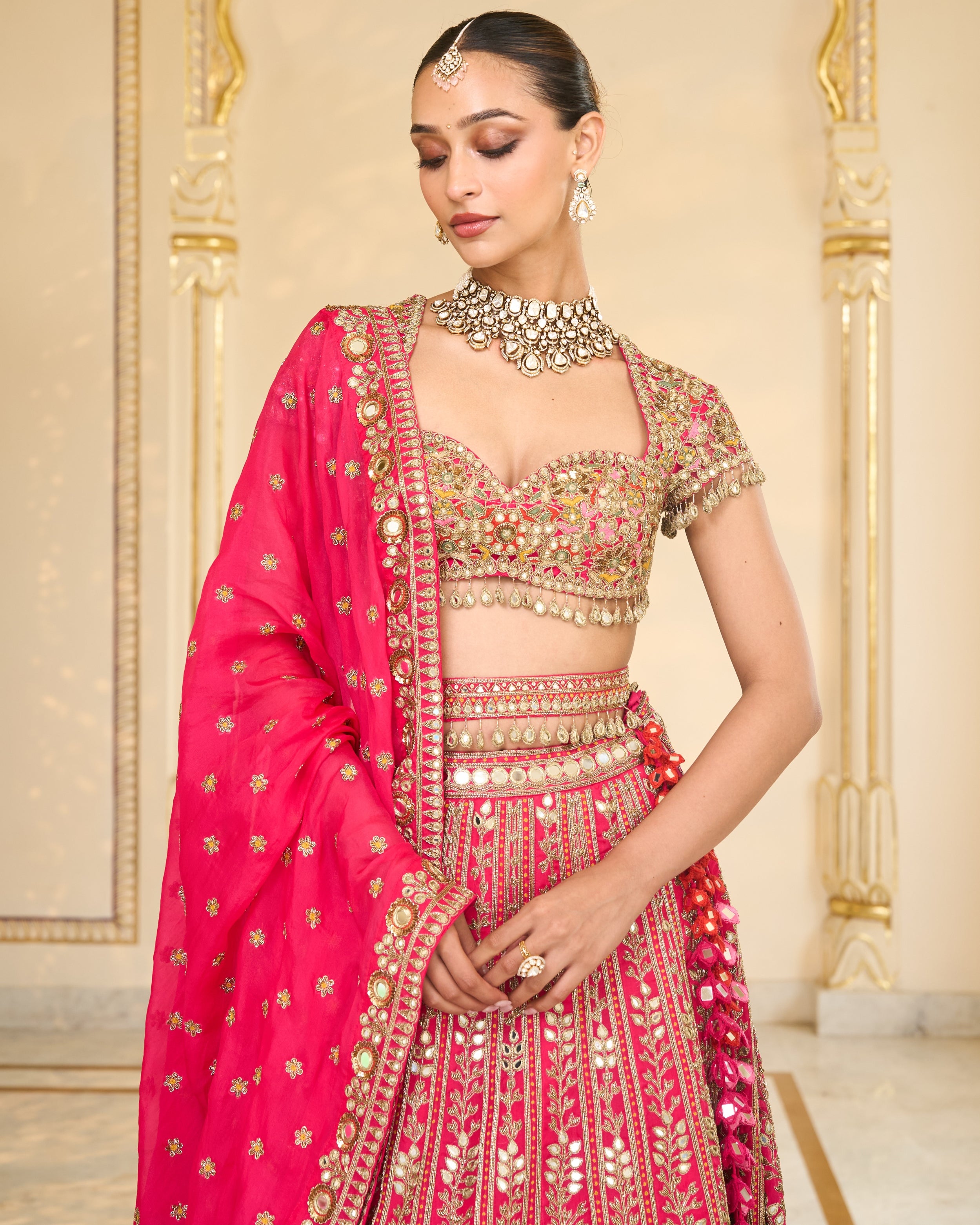 Rani Pink Organza Multicolour Thread And Mirror Hand Embroidered Lehenga Set