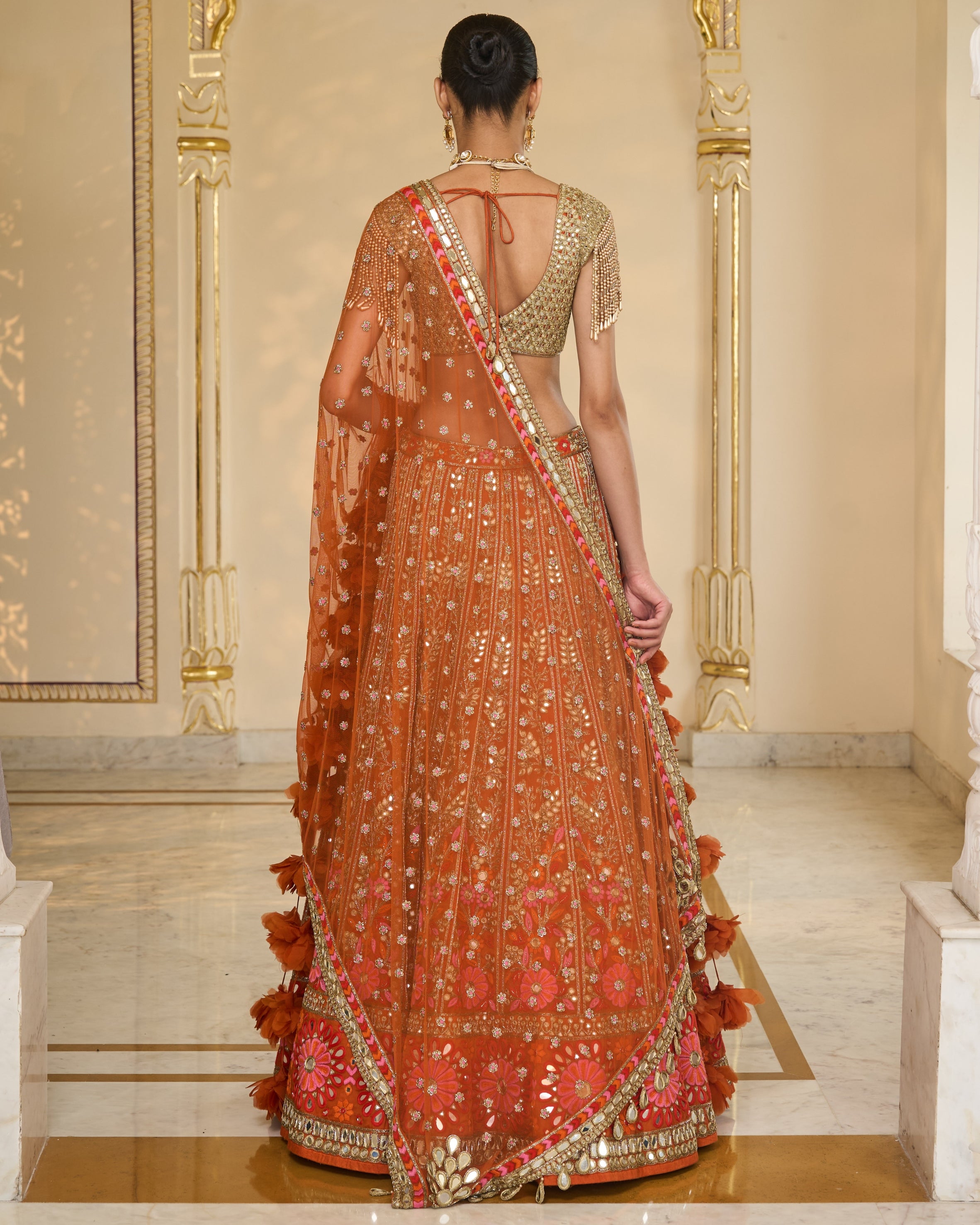 Orange Organza Multicolour Thread And Mirror Hand Embroidered Lehenga Set