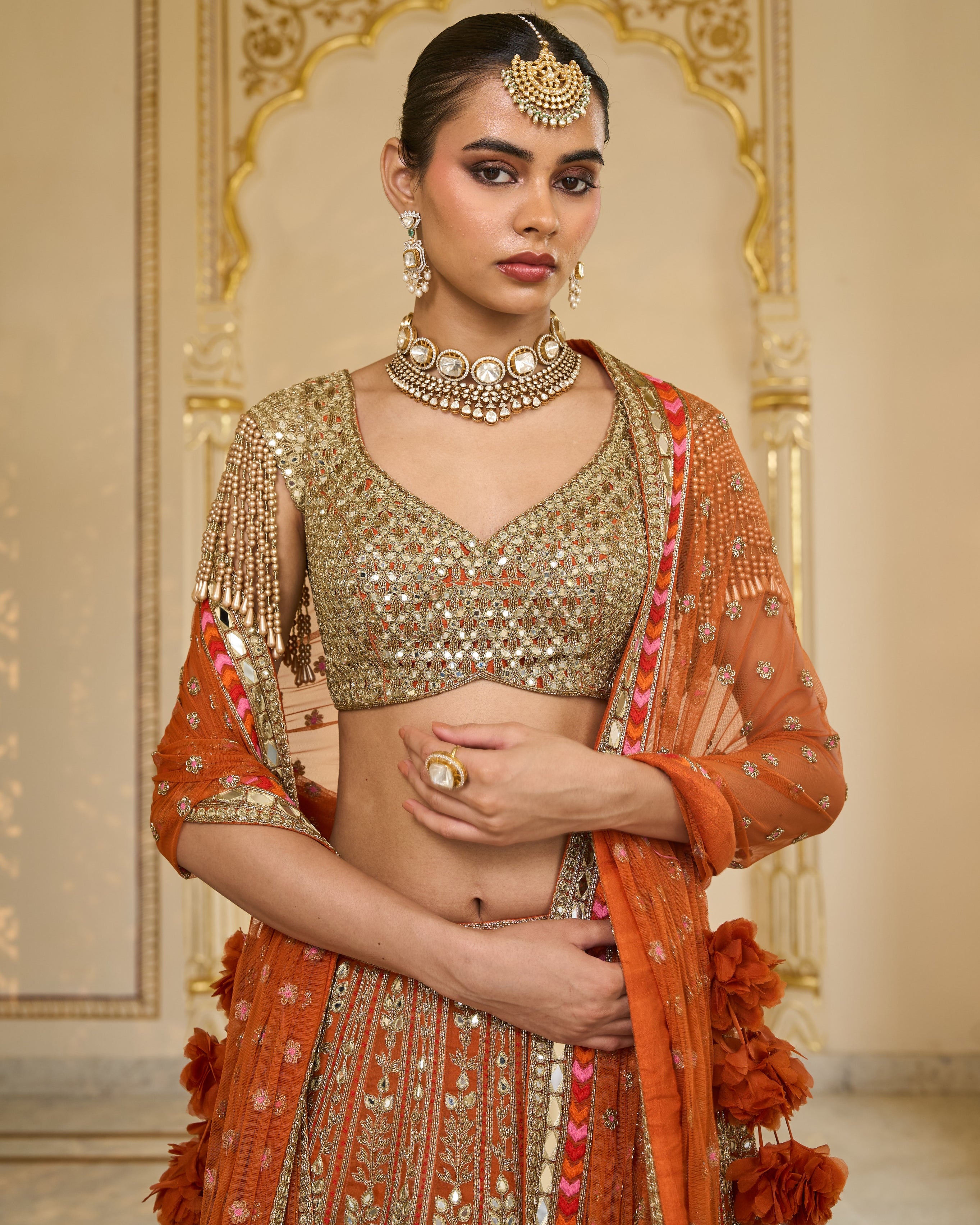 Orange Organza Multicolour Thread And Mirror Hand Embroidered Lehenga Set