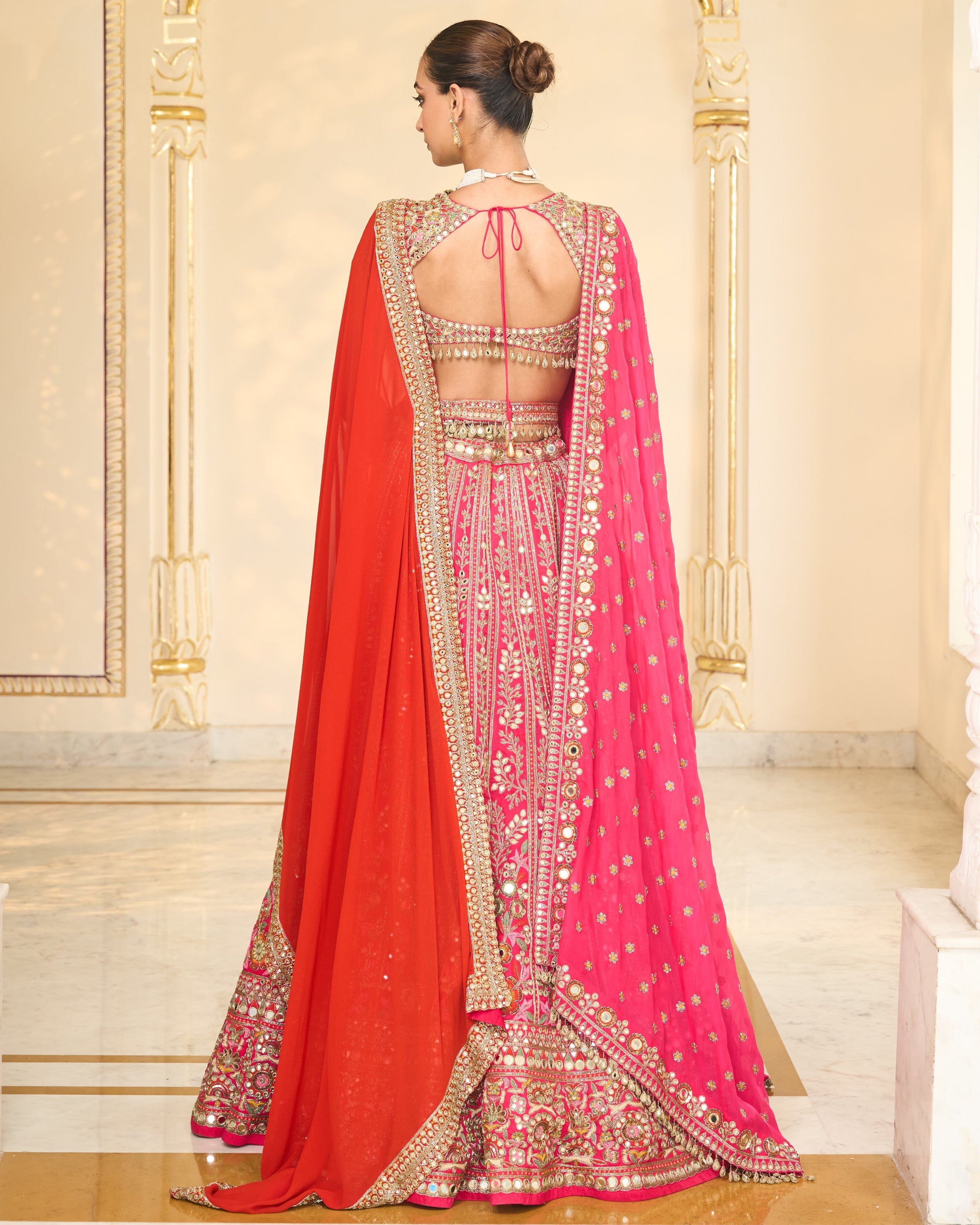Rani Pink Organza Multicolour Thread And Mirror Hand Embroidered Lehenga Set