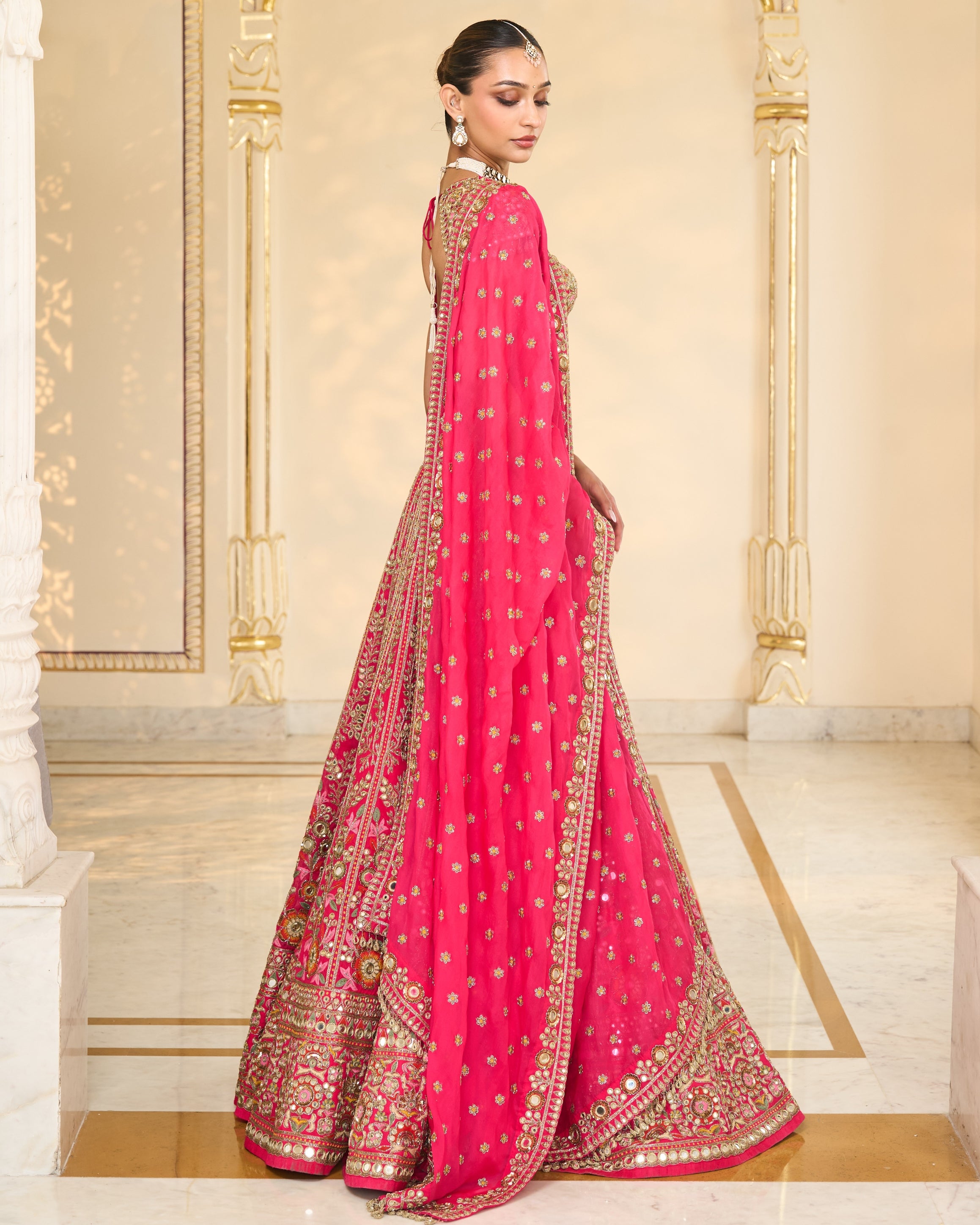 Rani Pink Organza Multicolour Thread And Mirror Hand Embroidered Lehenga Set
