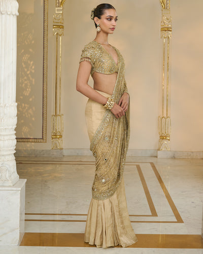 All Gold Tissue Godet Sari Set