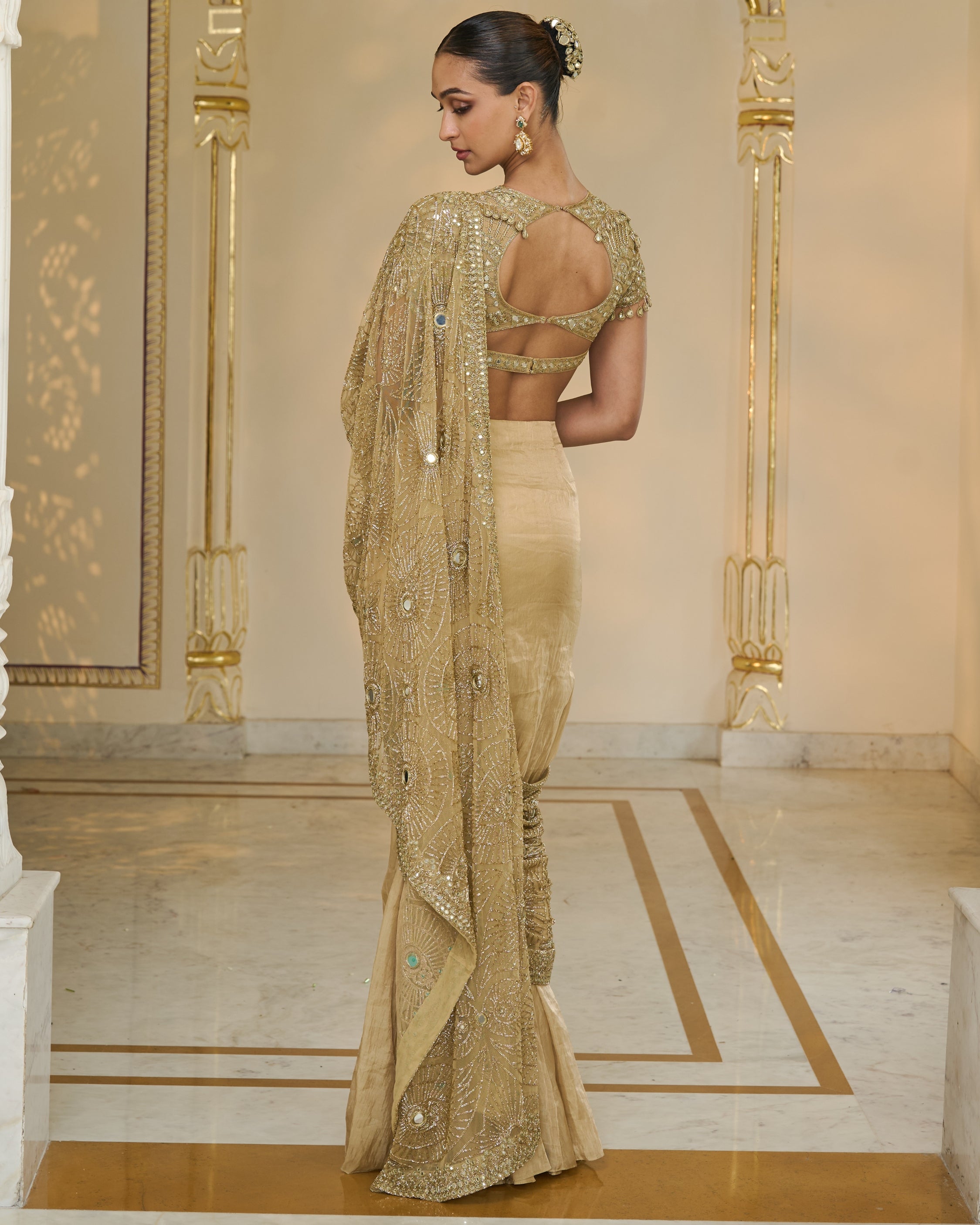 All Gold Tissue Godet Sari Set