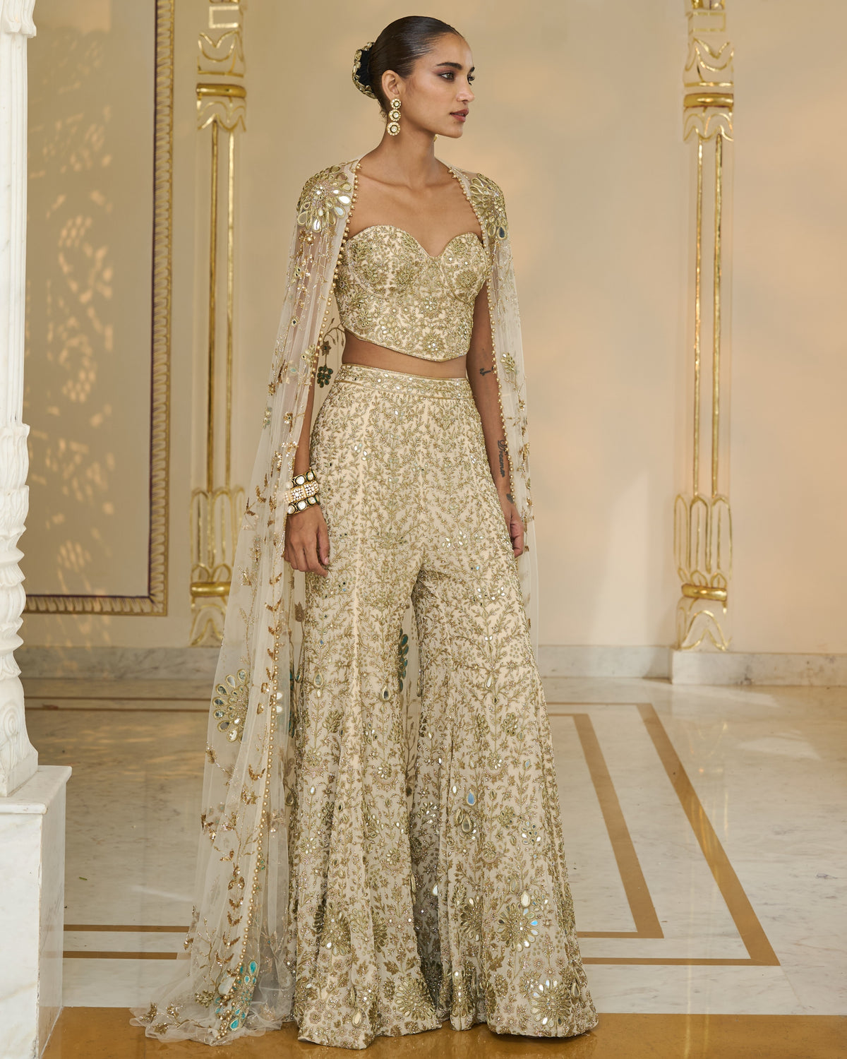 Cream and Beige Hand-Embroidered Corset Cape And Sharara Set