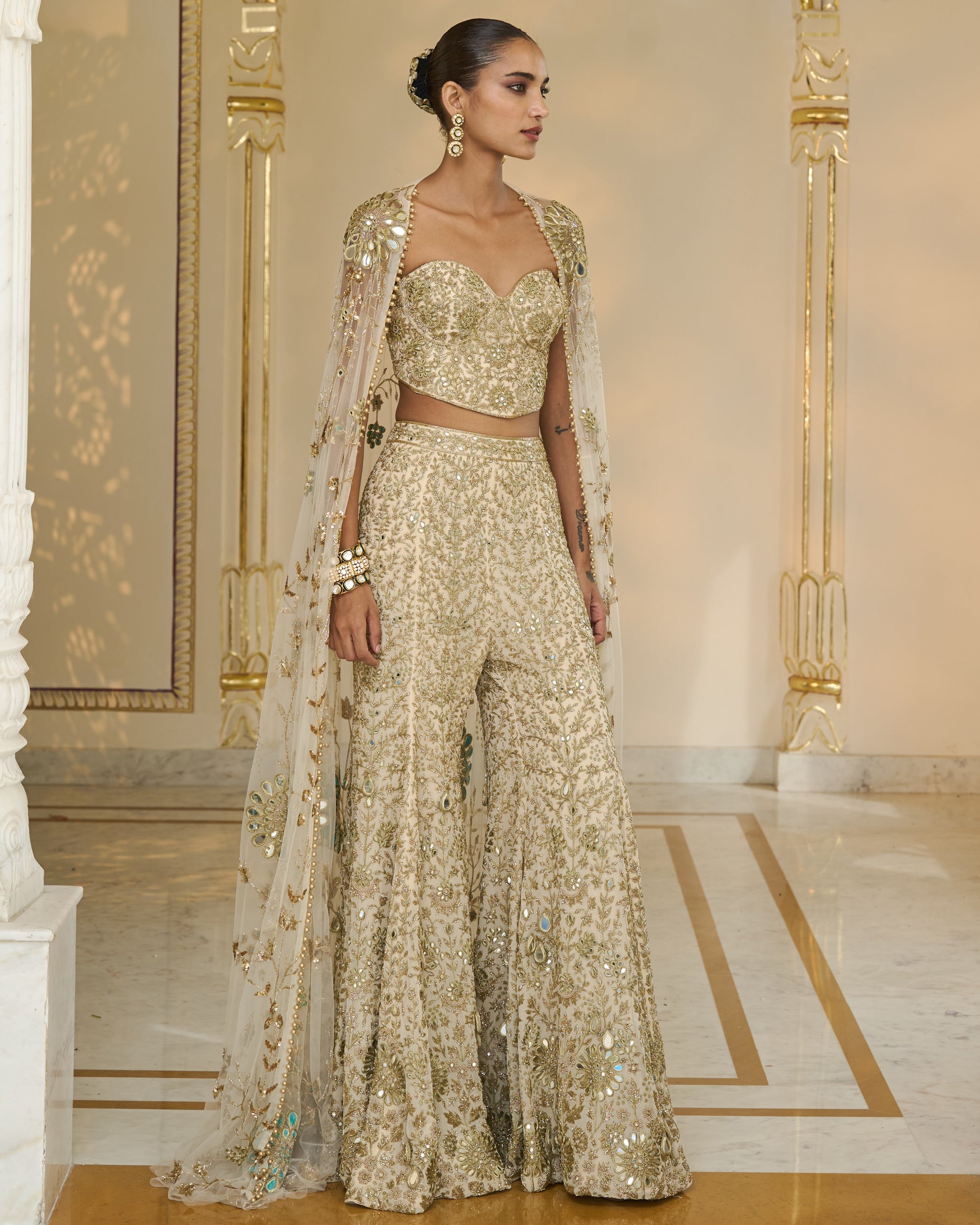 Cream and Beige Hand-Embroidered Corset Cape And Sharara Set