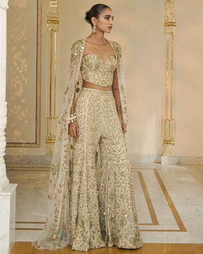 Cream and Beige Hand-Embroidered Corset Cape And Sharara Set