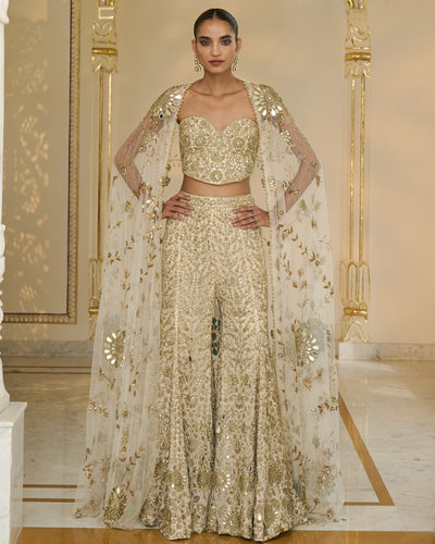 Cream and Beige Hand-Embroidered Corset Cape And Sharara Set