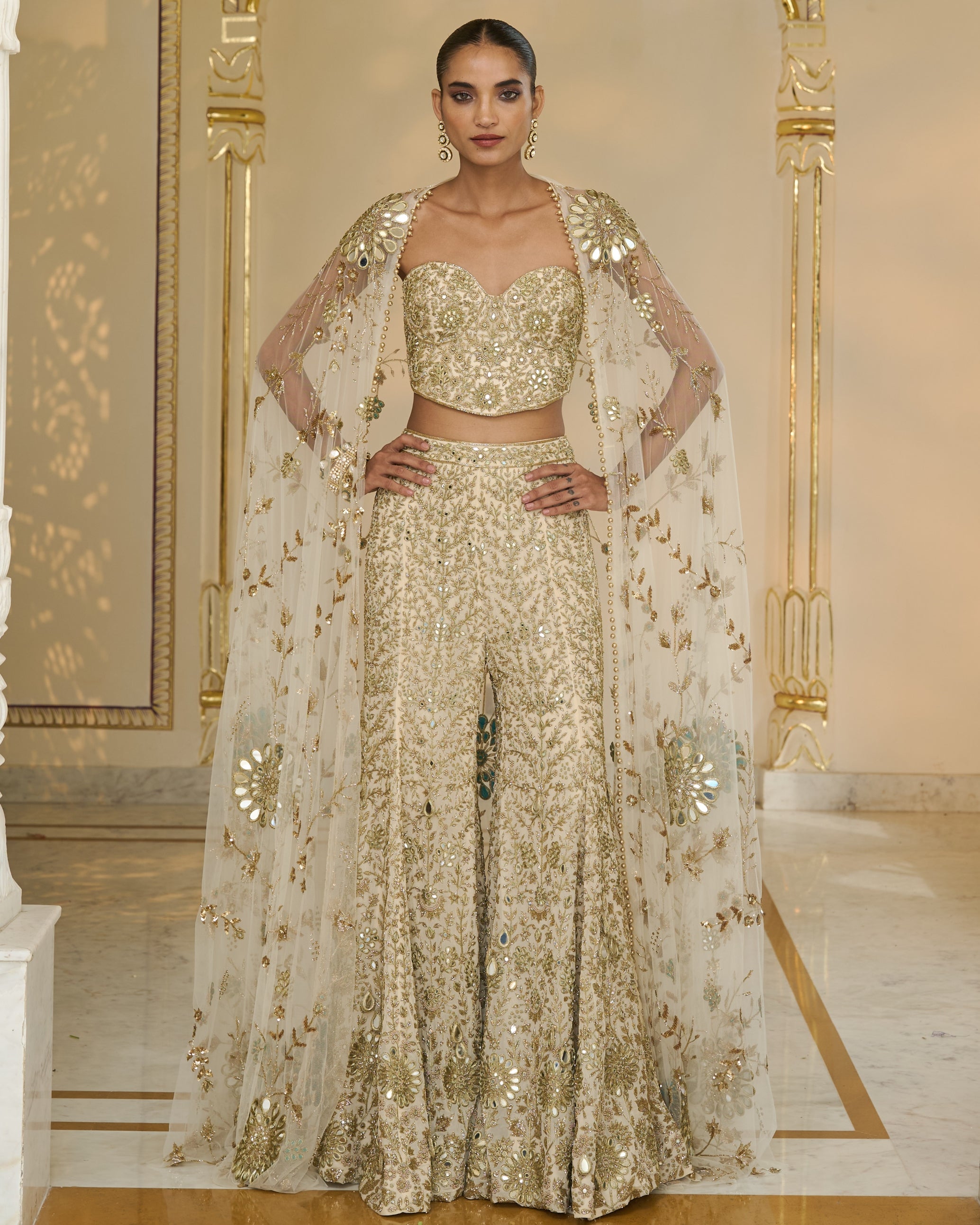 Cream and Beige Hand-Embroidered Corset Cape And Sharara Set