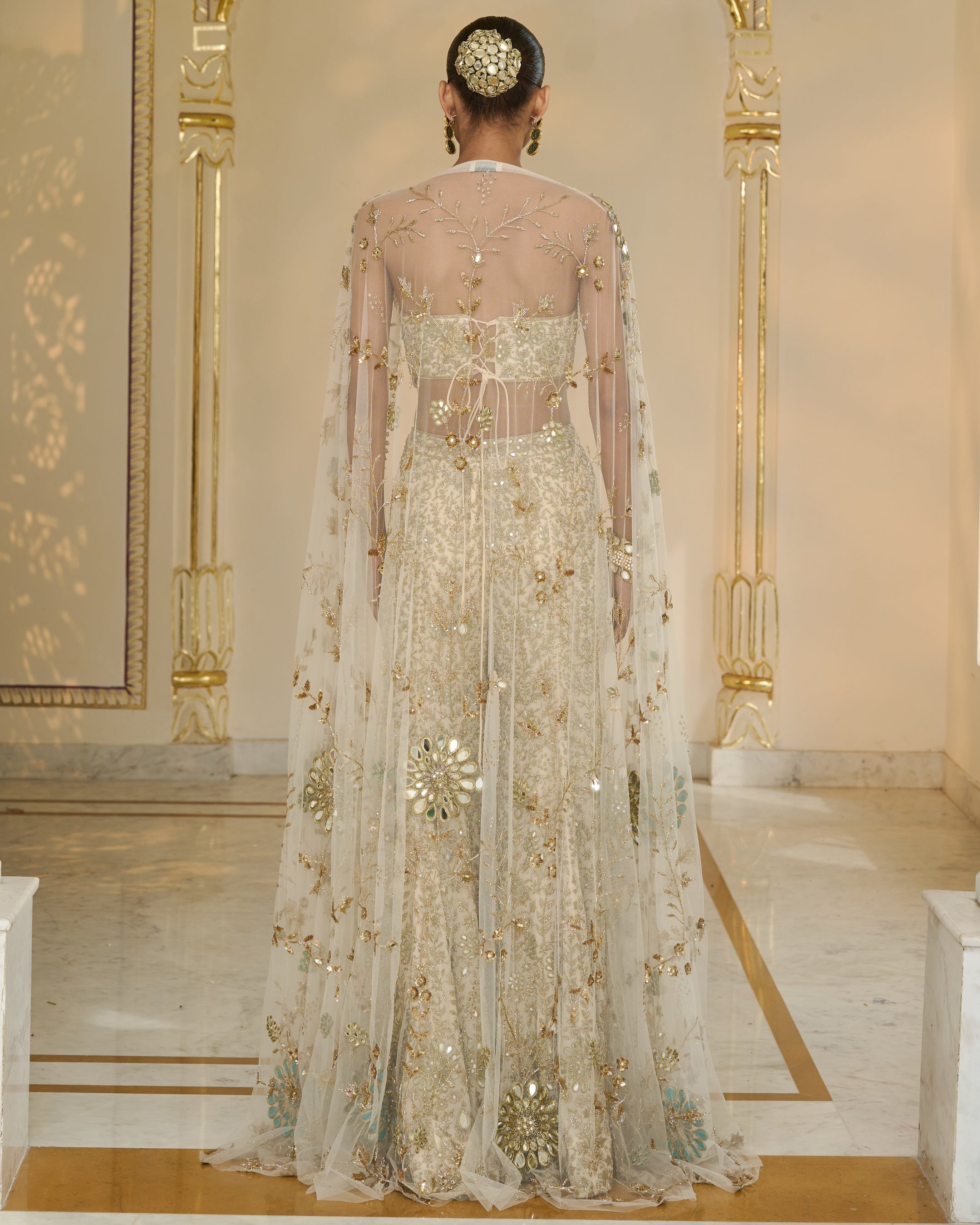 Cream and Beige Hand-Embroidered Corset Cape And Sharara Set