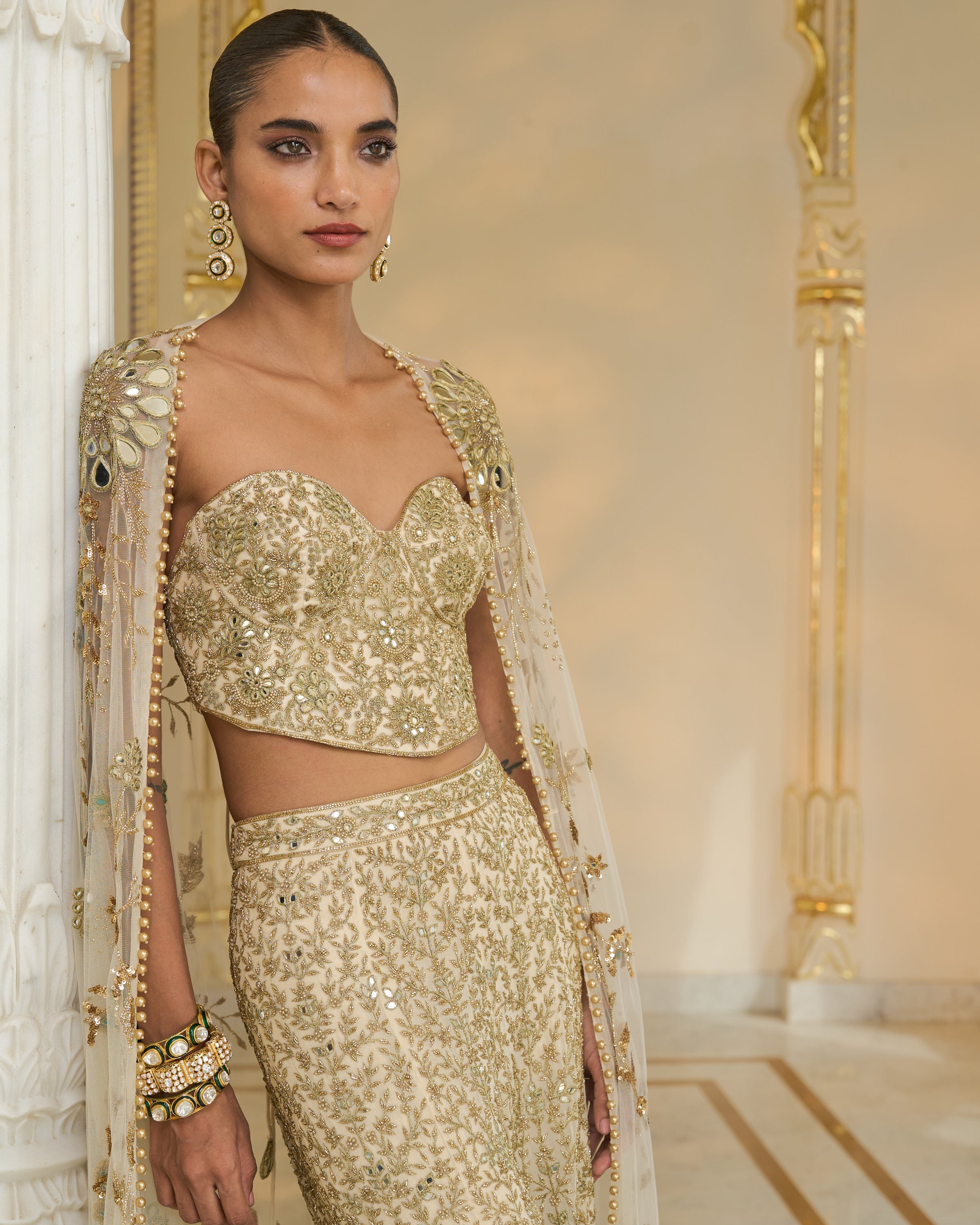 Cream and Beige Hand-Embroidered Corset Cape And Sharara Set