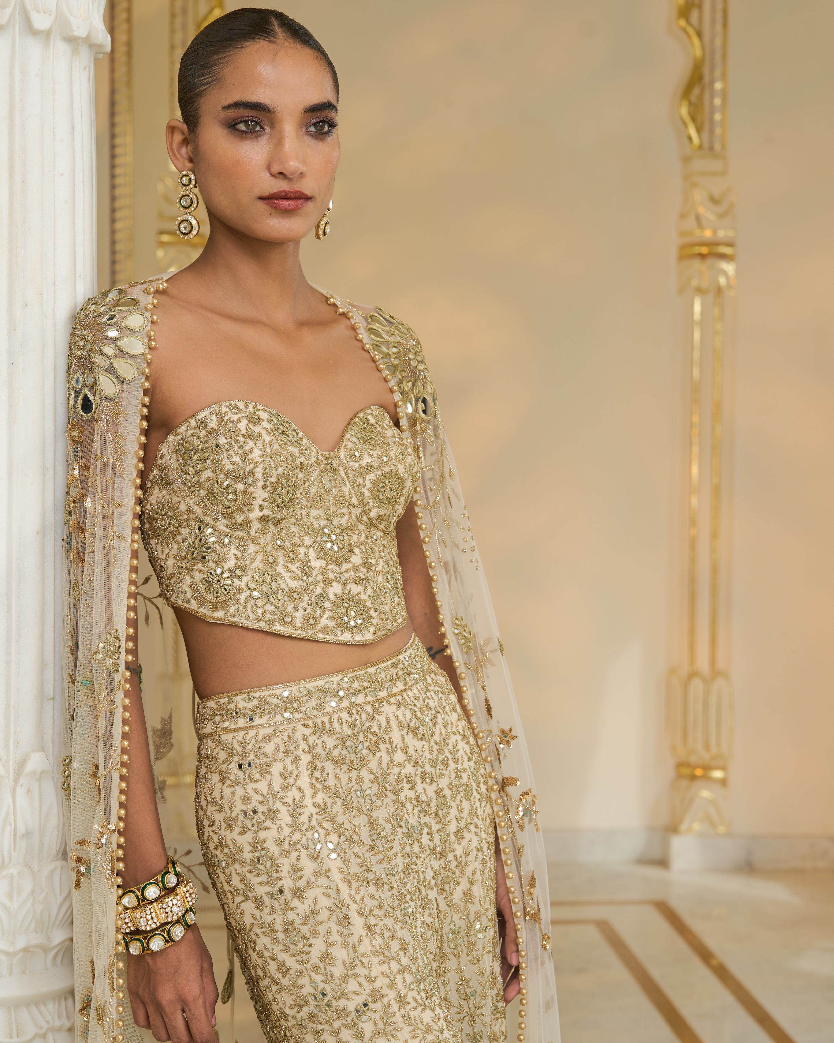 Cream and Beige Hand-Embroidered Corset Cape And Sharara Set