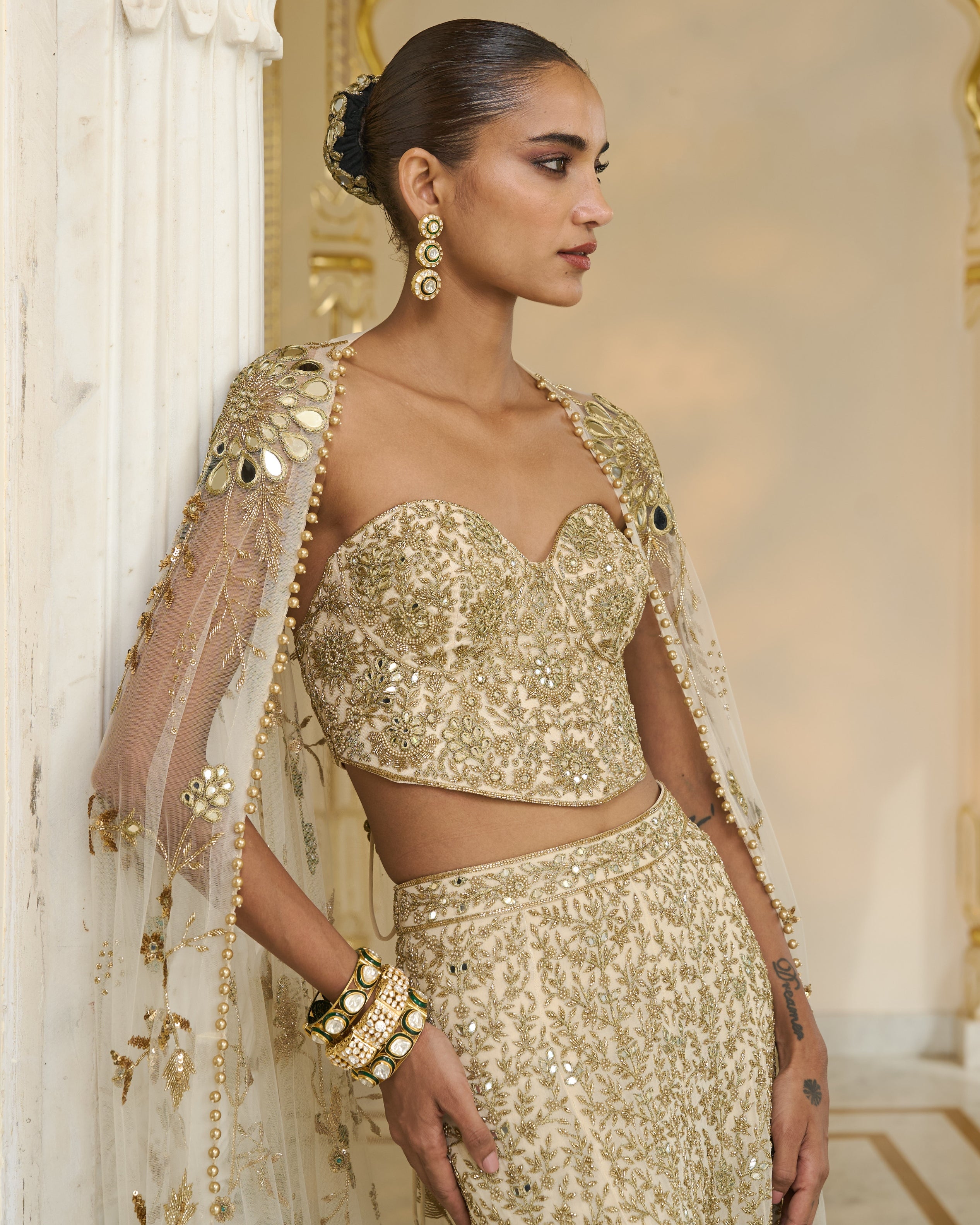 Cream and Beige Hand-Embroidered Corset Cape And Sharara Set