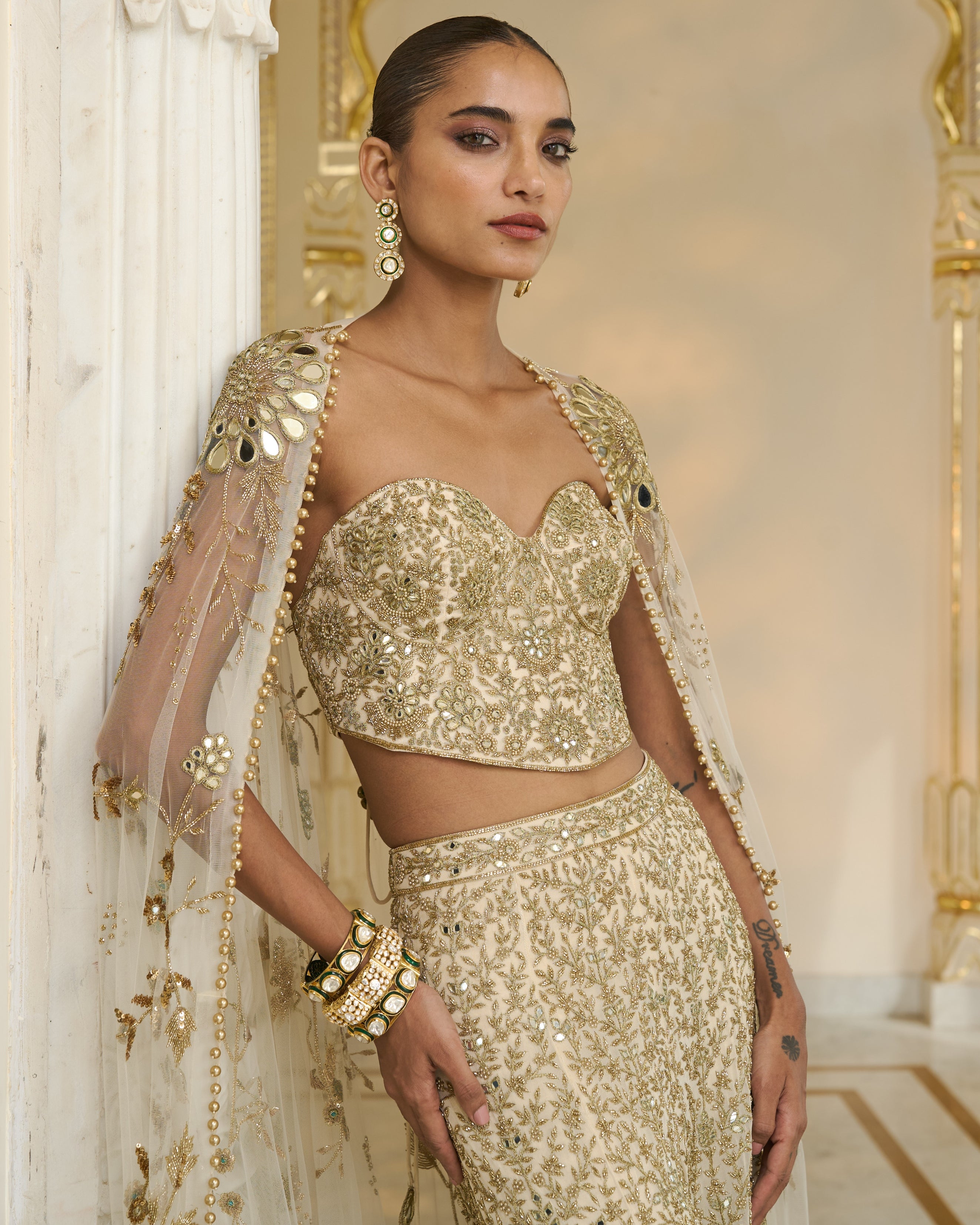 Cream and Beige Hand-Embroidered Corset Cape And Sharara Set