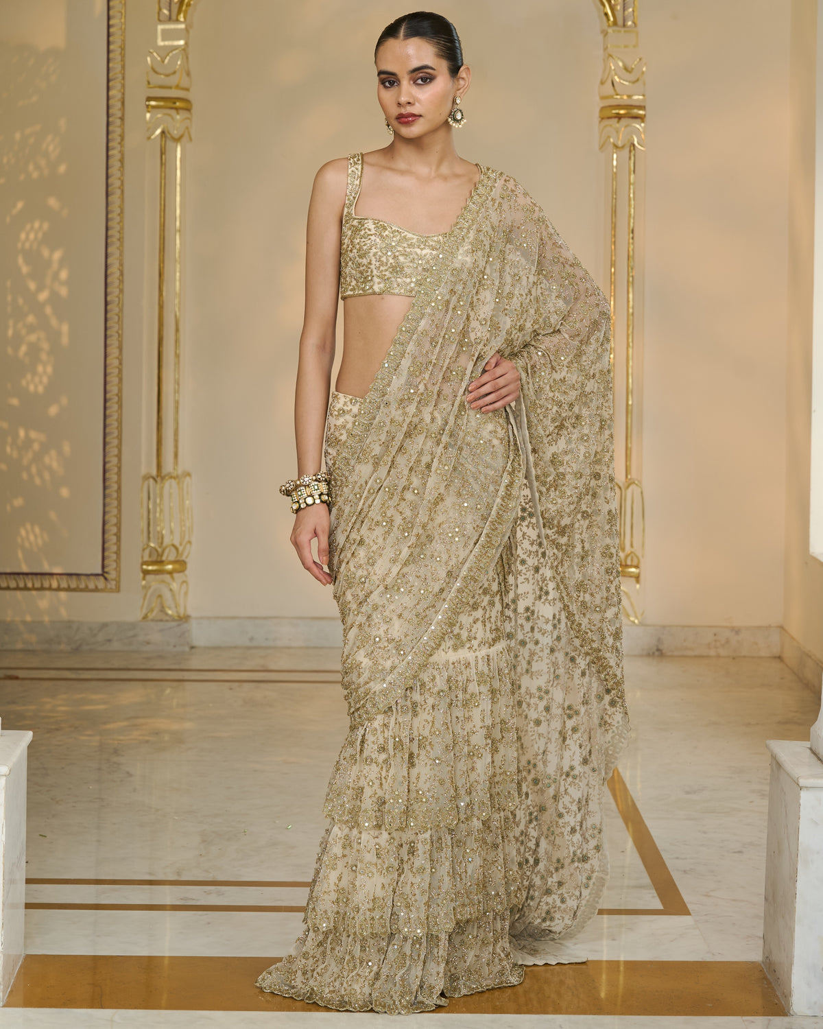 Cream and Beige Ruffle Sari Set