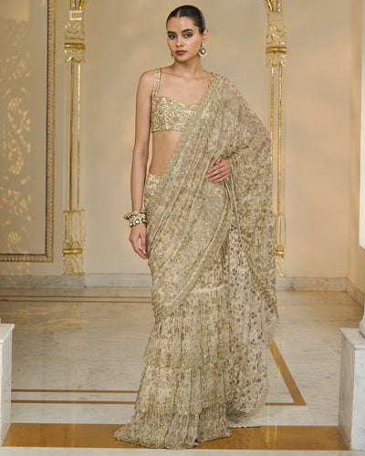 Cream and Beige Ruffle Sari Set