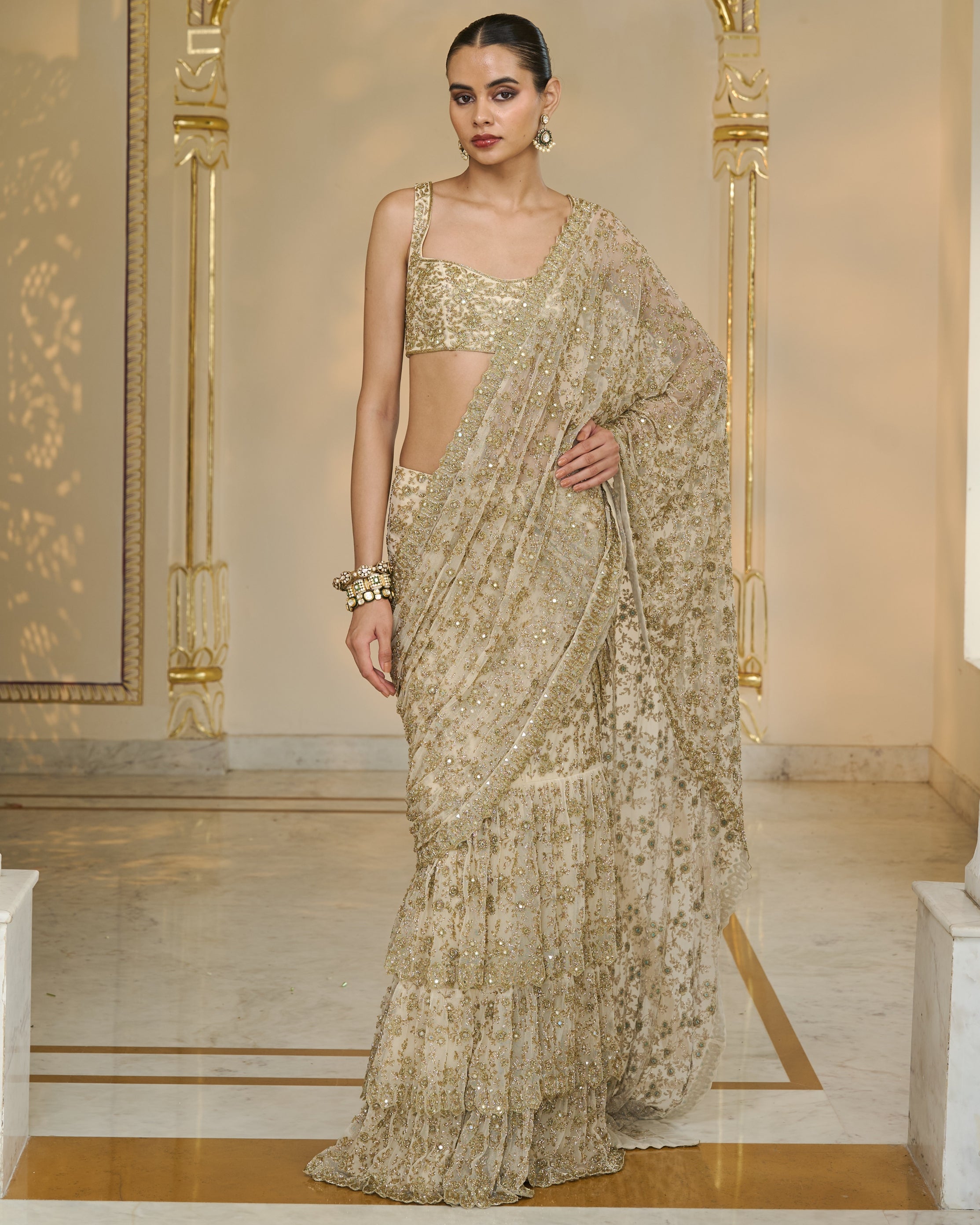 Cream and Beige Ruffle Sari Set