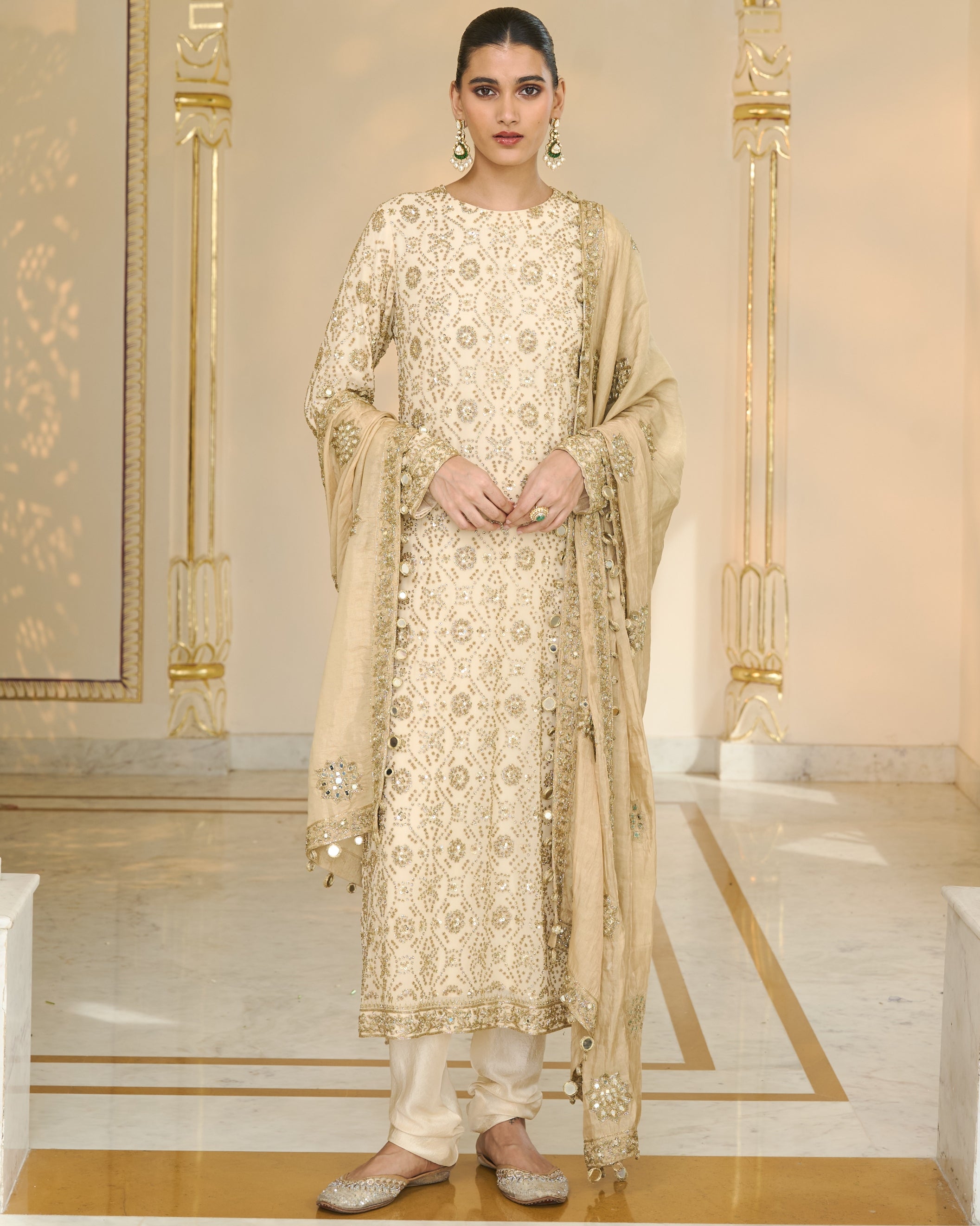 Cream Bandhani Kurta With Tissue Dupatta