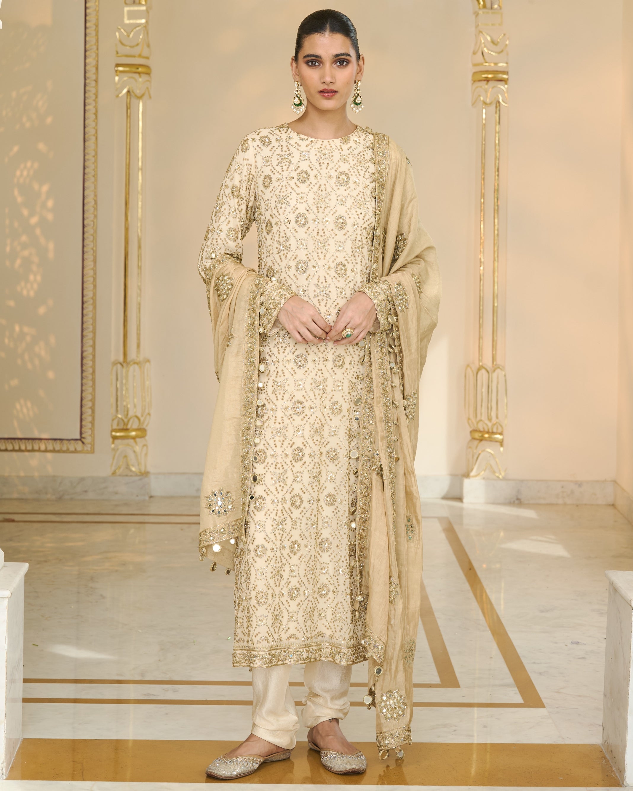 Cream Bandhani Kurta With Tissue Dupatta