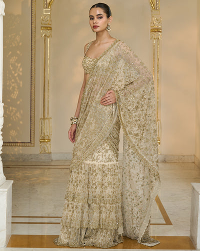 Cream and Beige Ruffle Sari Set
