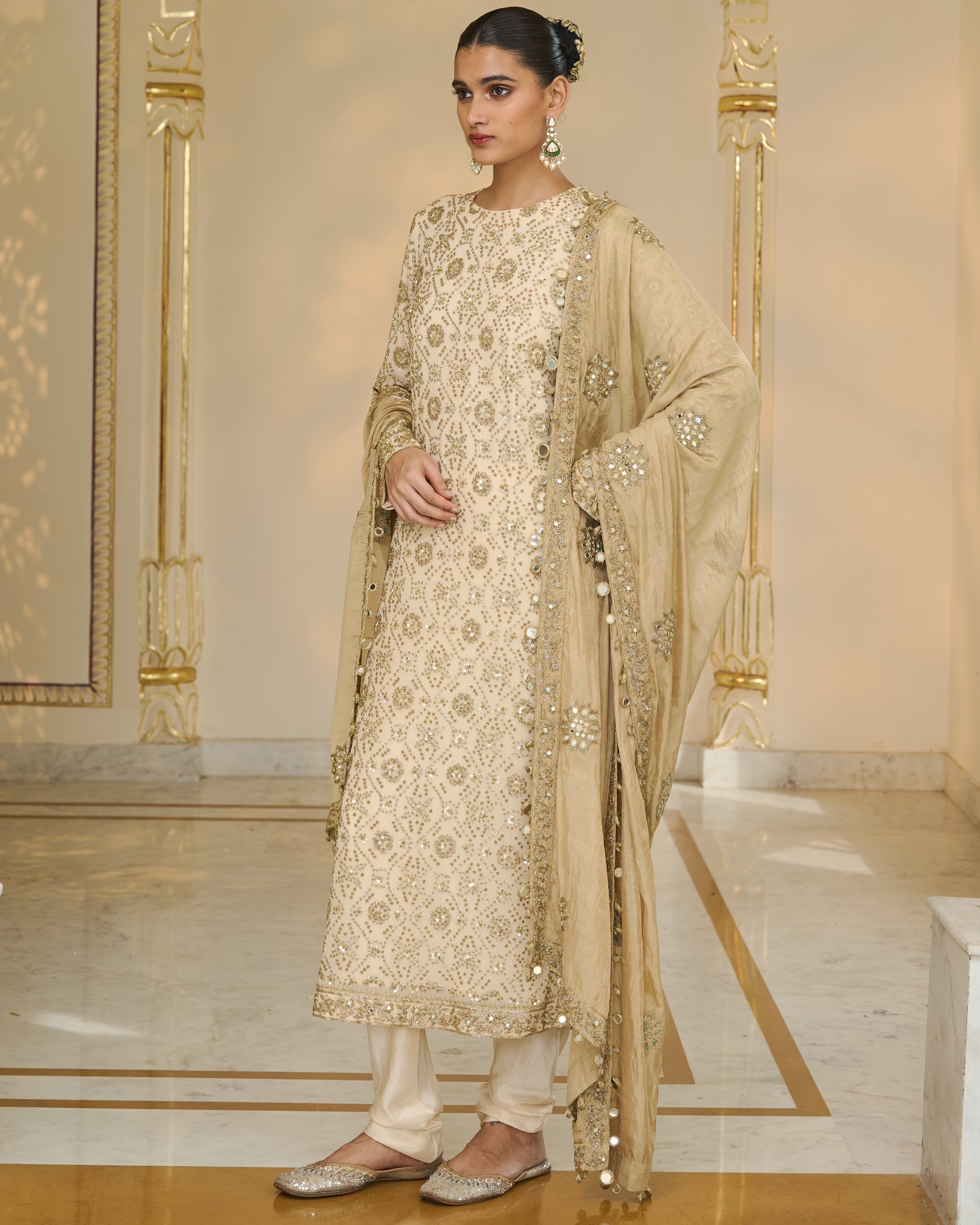 Cream Bandhani Kurta With Tissue Dupatta