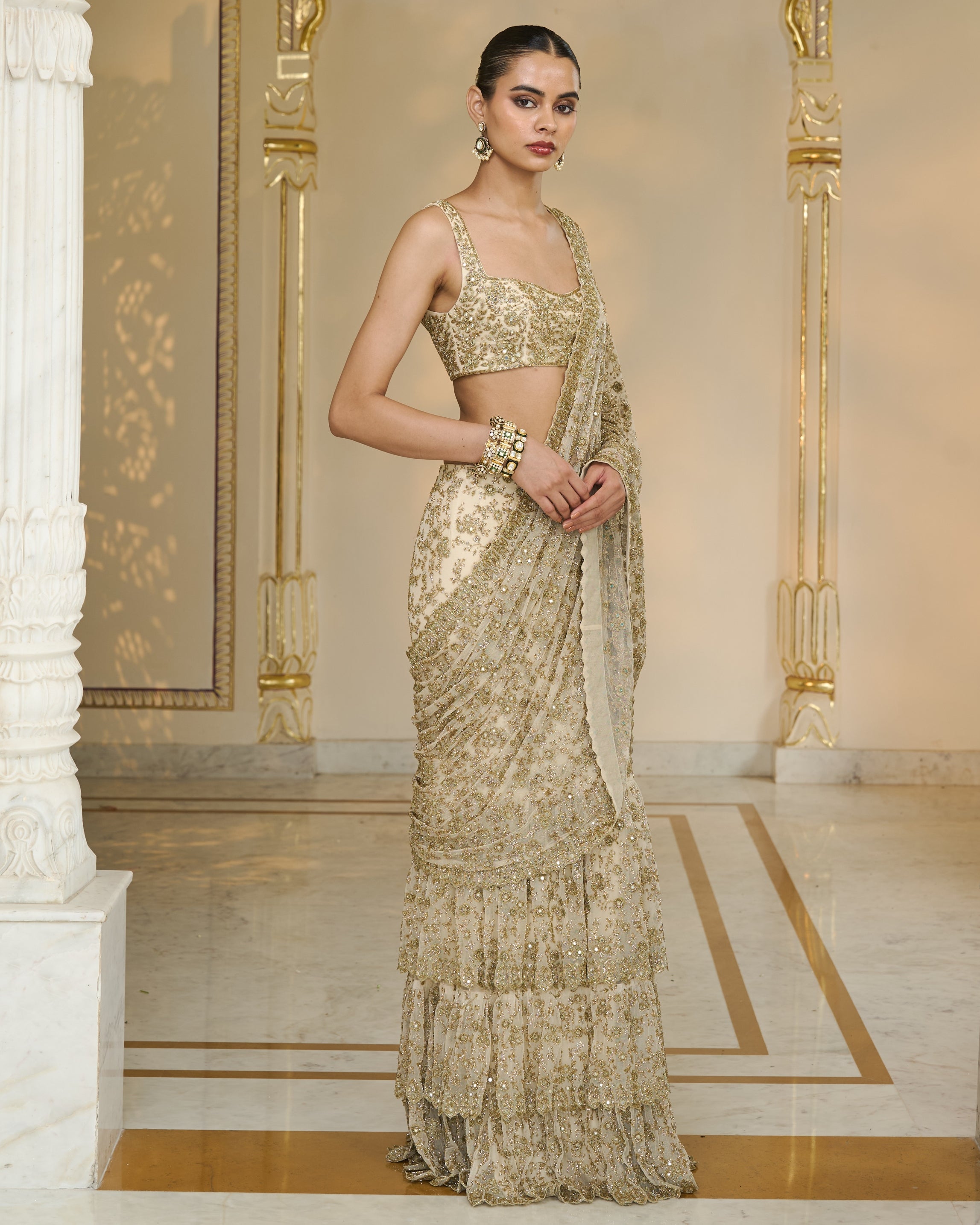 Cream and Beige Ruffle Sari Set