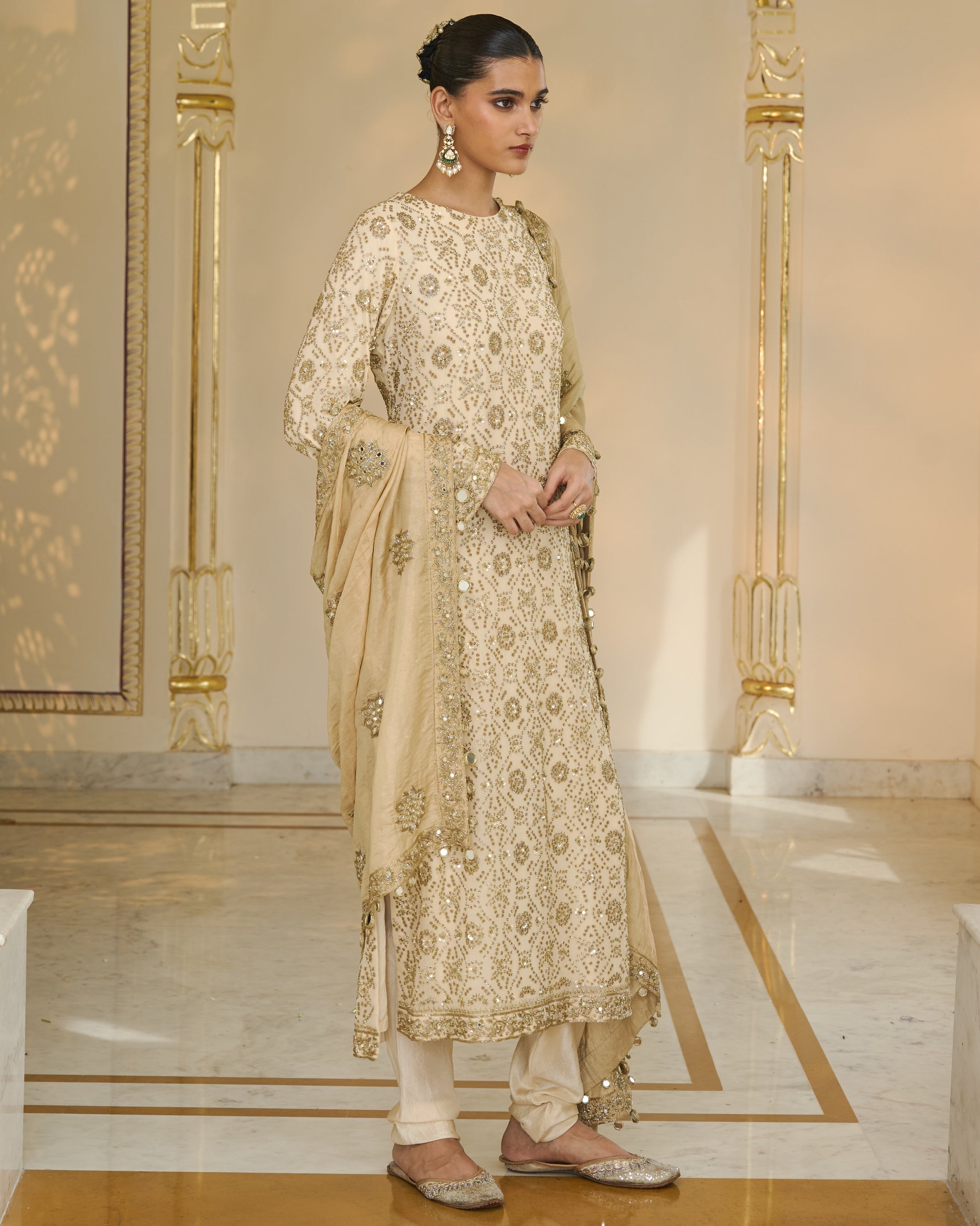 Cream Bandhani Kurta With Tissue Dupatta