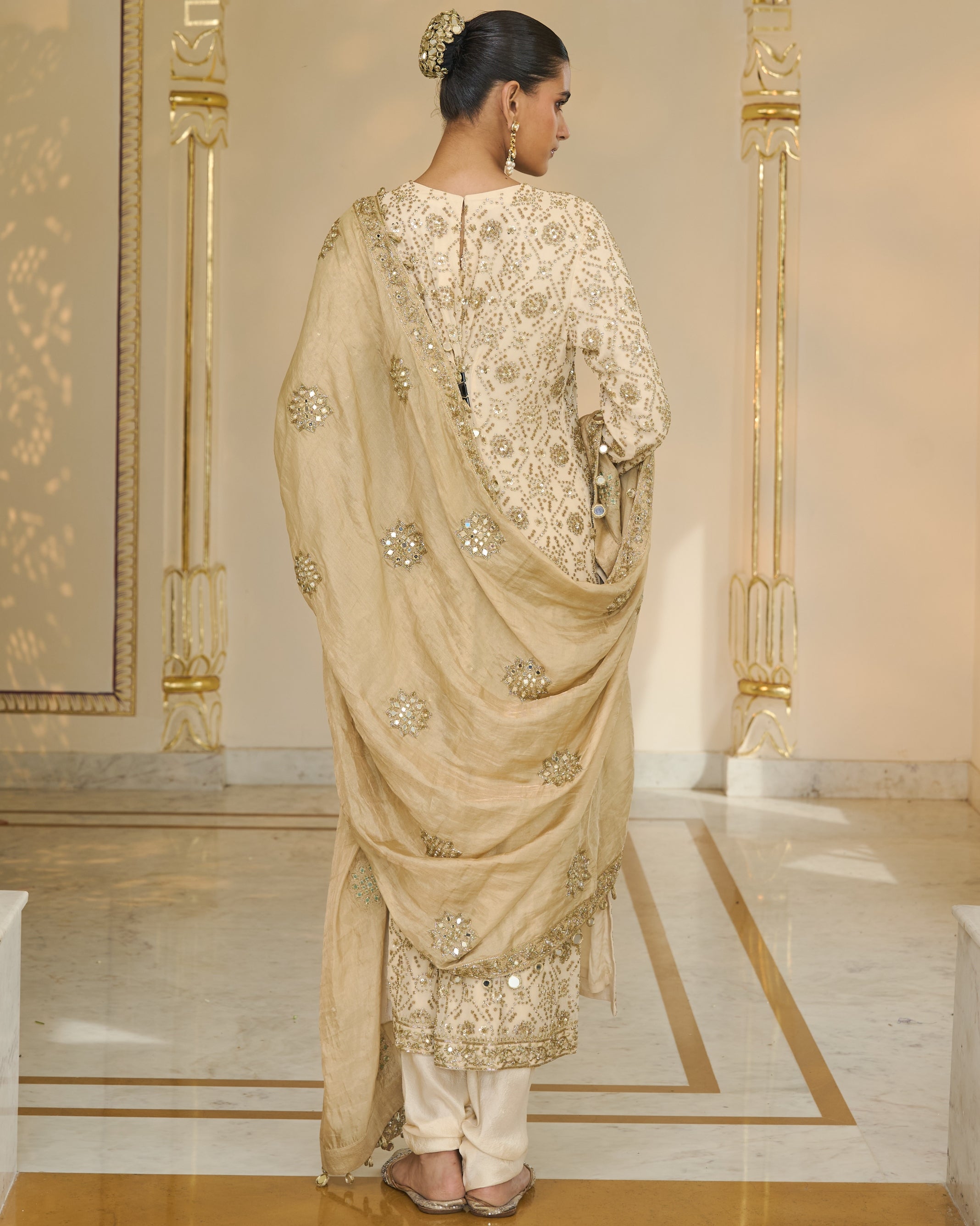 Cream Bandhani Kurta With Tissue Dupatta