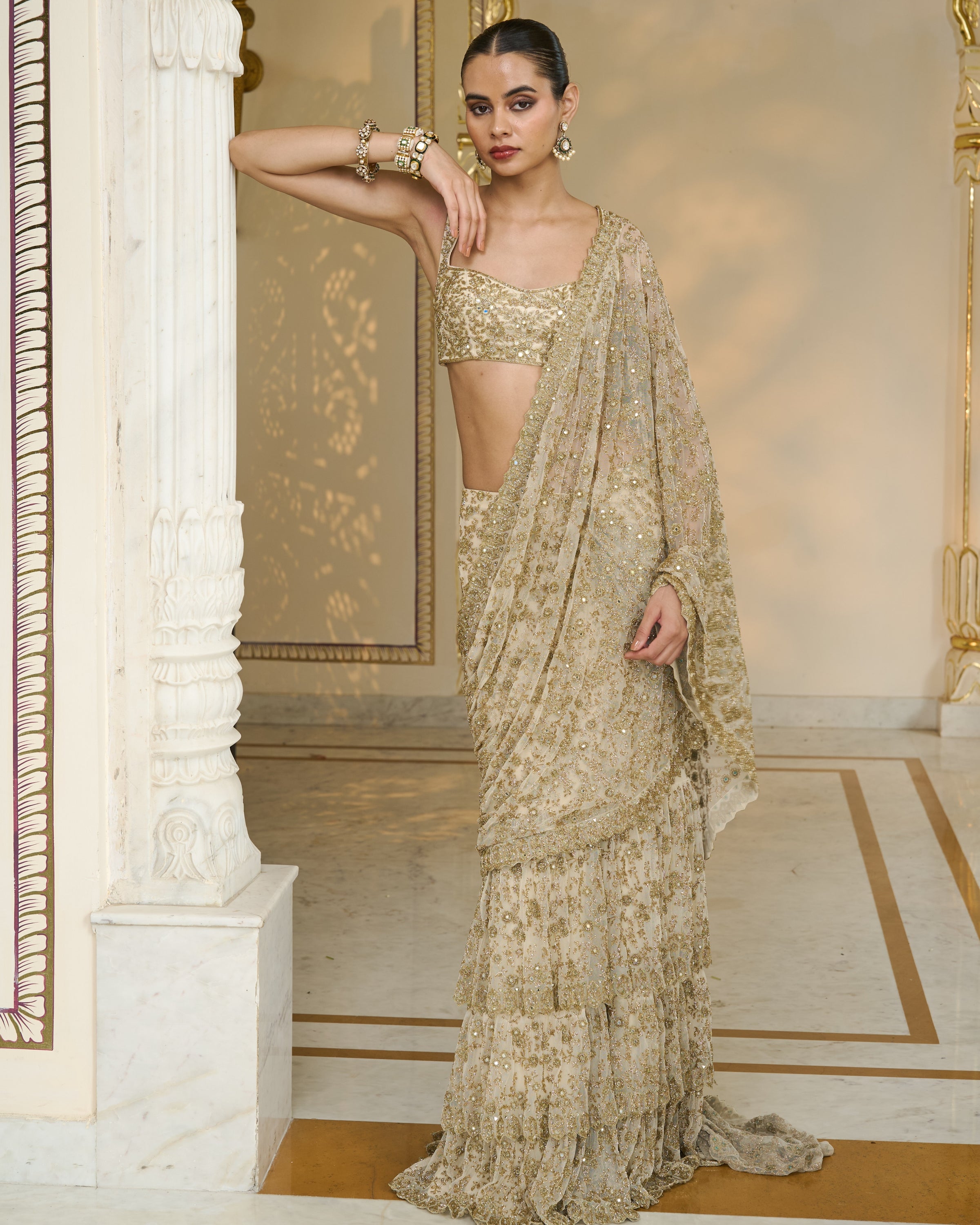 Cream and Beige Ruffle Sari Set