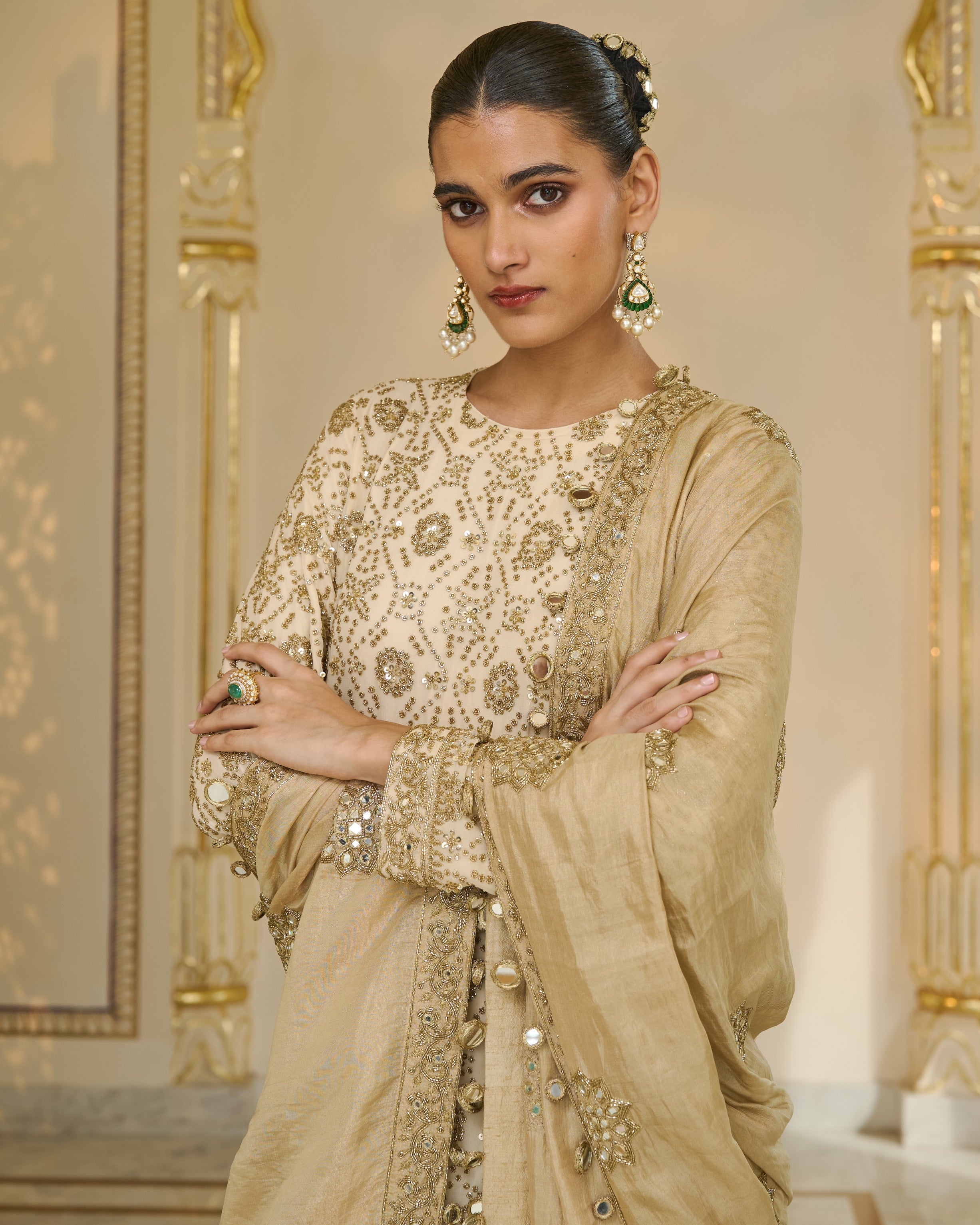 Cream Bandhani Kurta With Tissue Dupatta