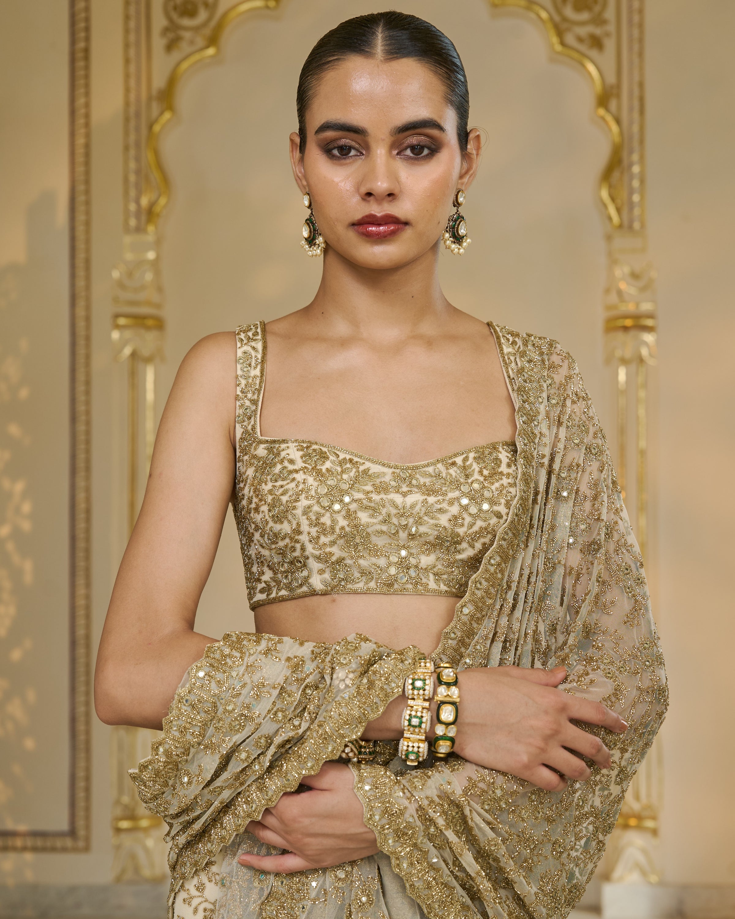 Cream and Beige Ruffle Sari Set