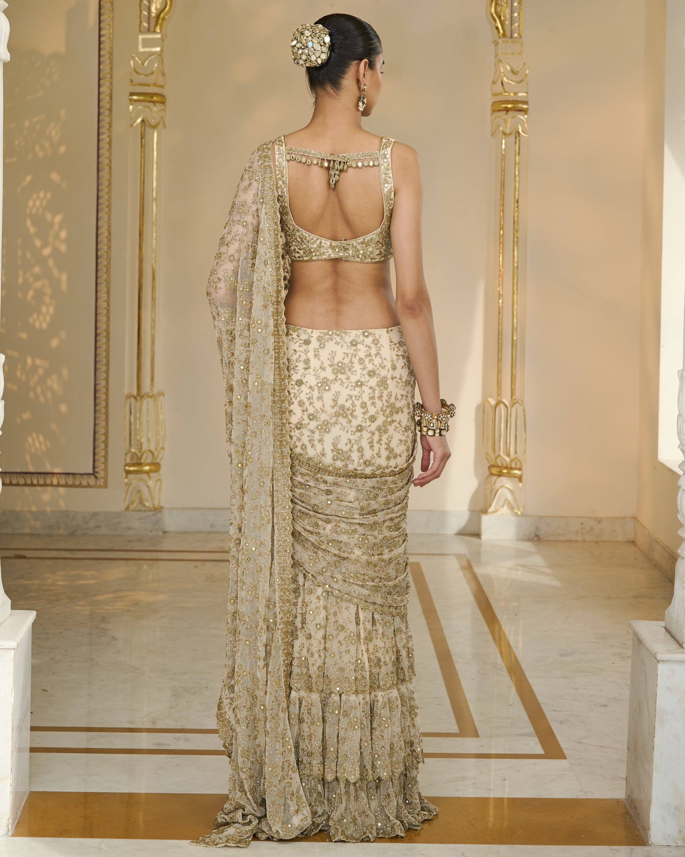 Cream and Beige Ruffle Sari Set