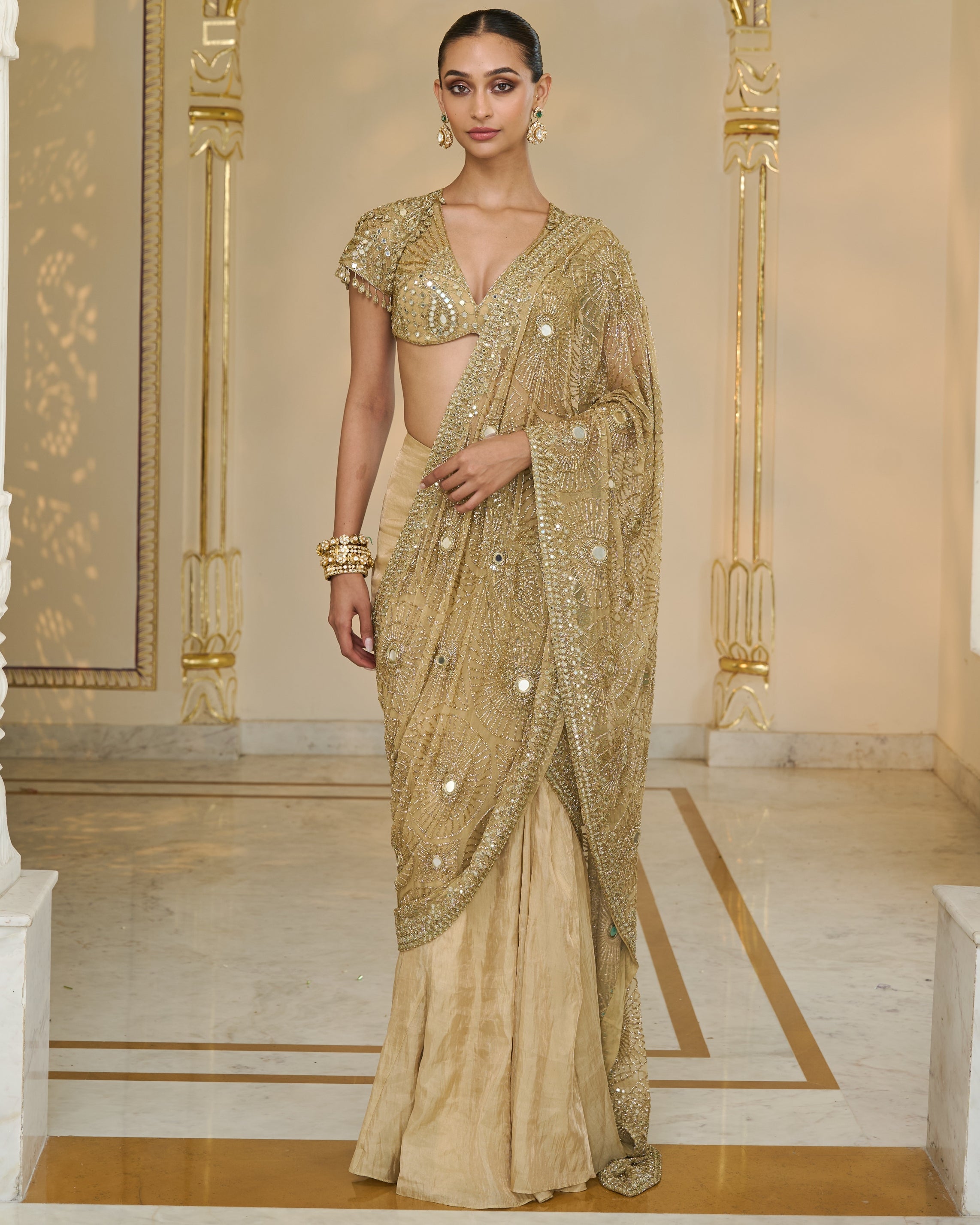 All Gold Tissue Godet Sari Set