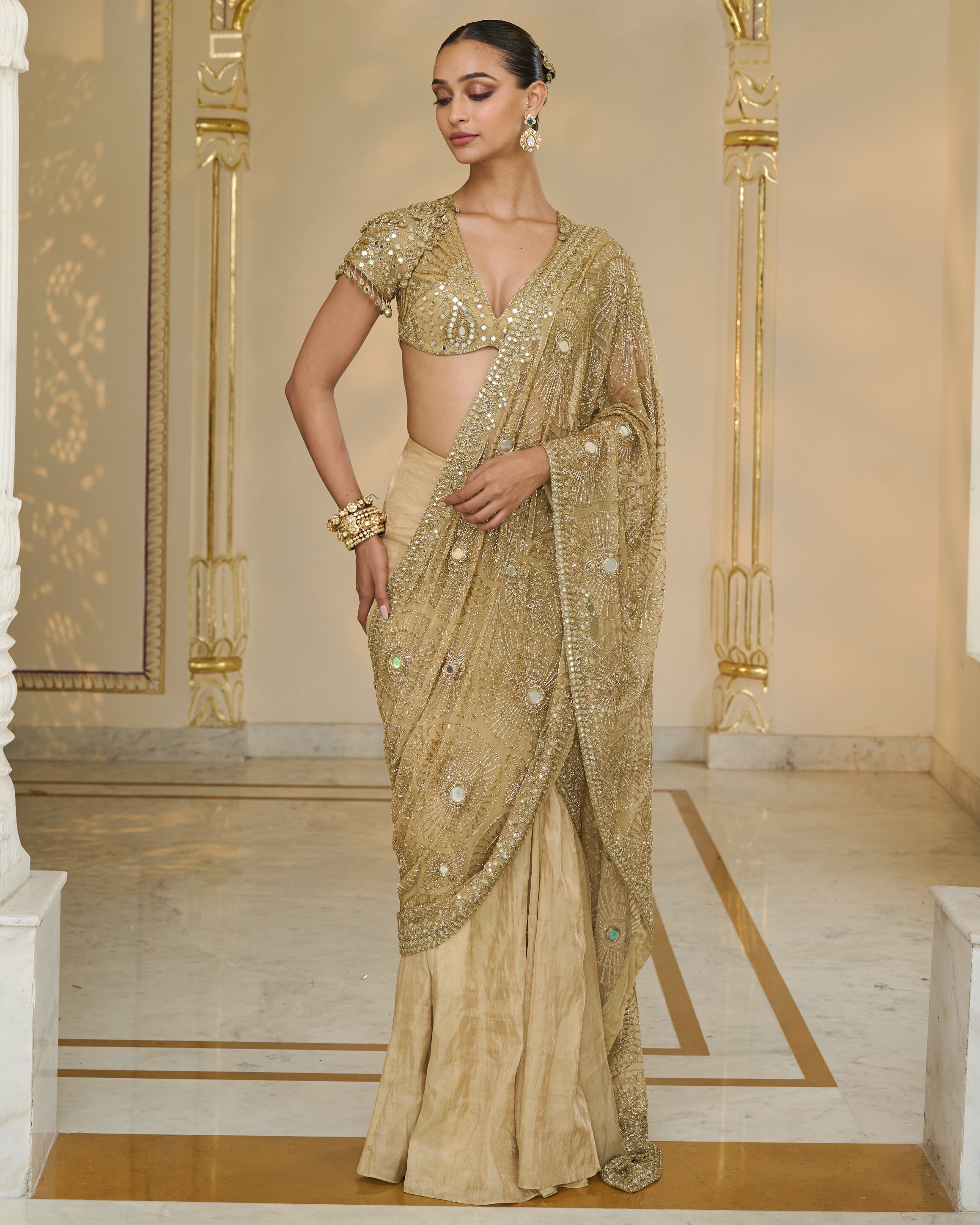All Gold Tissue Godet Sari Set