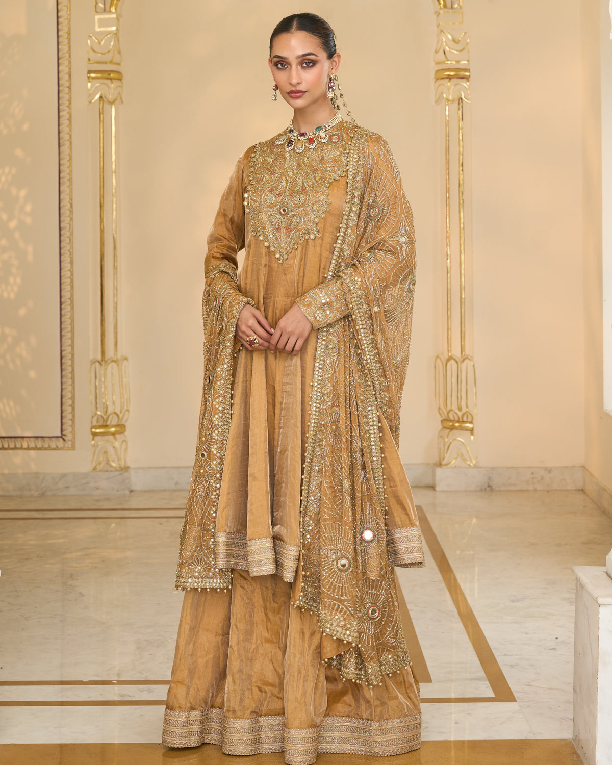 Copper Tissue Hand Embroidered Short Anarkali With Sharara With Jaal Dupatta Set